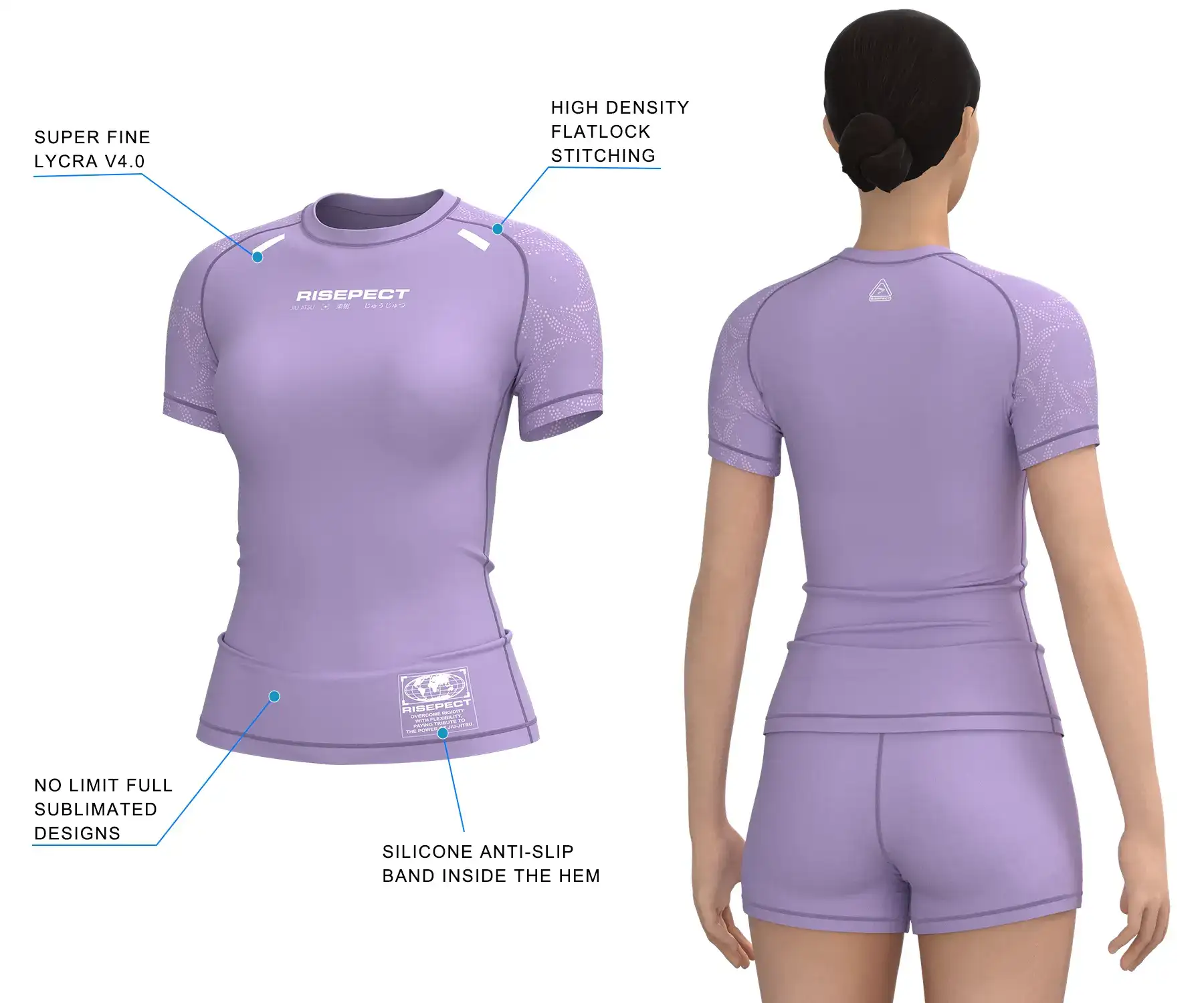 Women's BJJ rash guard worn by female model back view with 3D front design highlighting lycra rash guard fabric, flatlock stitching, and anti-slip silicone hem