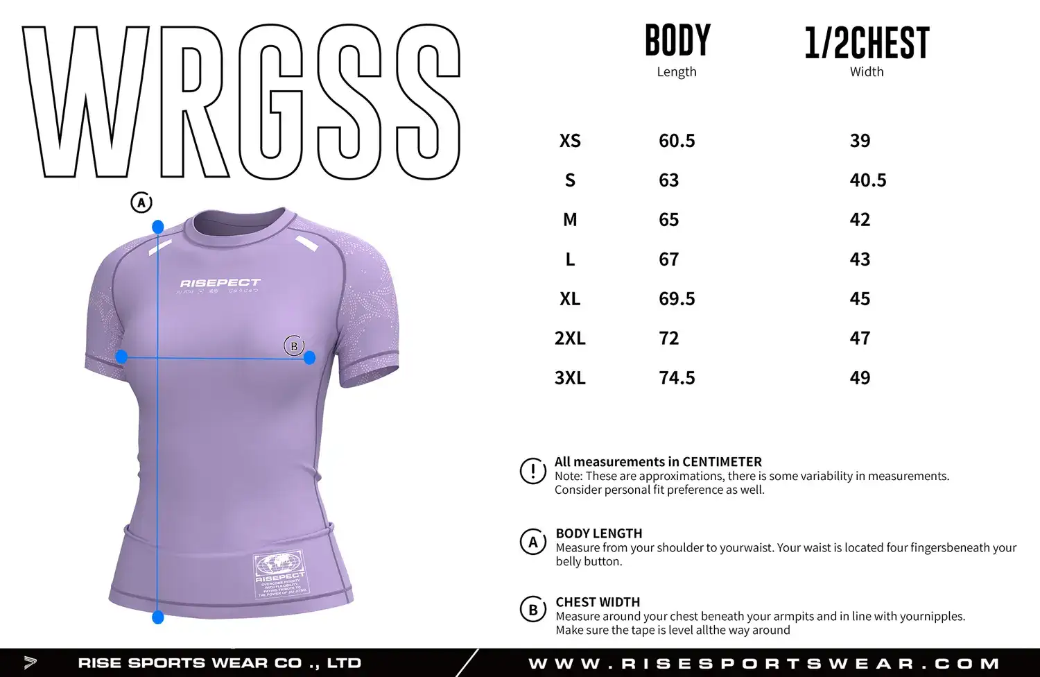Women's BJJ rash guard size chart for adults with custom BJJ rash guard sizing options for private label brands