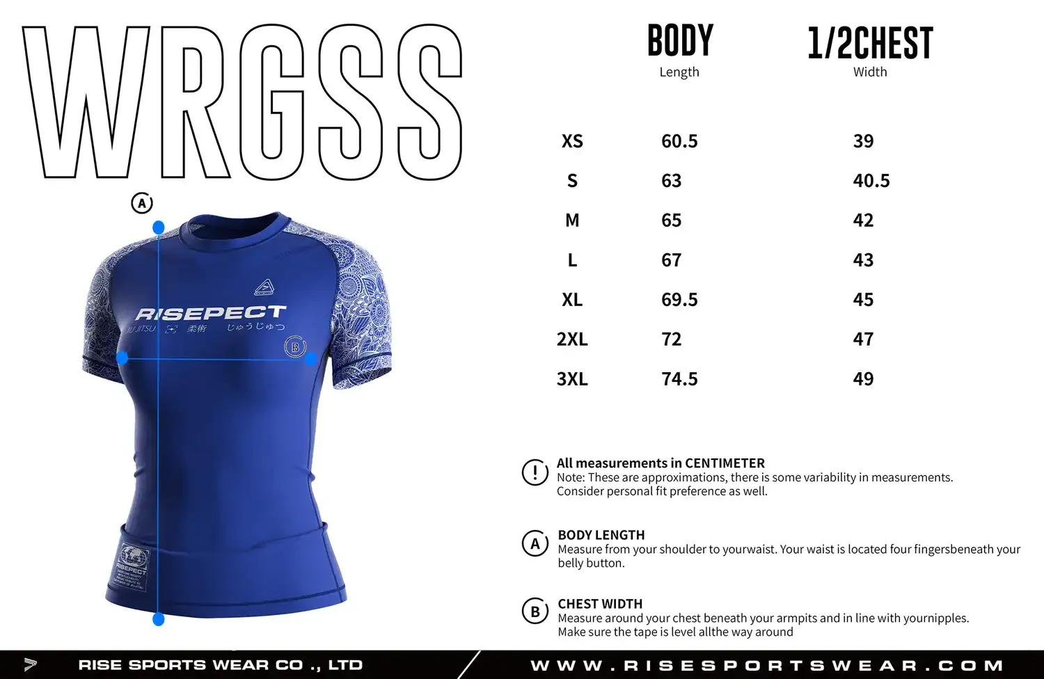 Women's BJJ rash guard size chart for adults with custom BJJ rash guard sizing options for private label brands