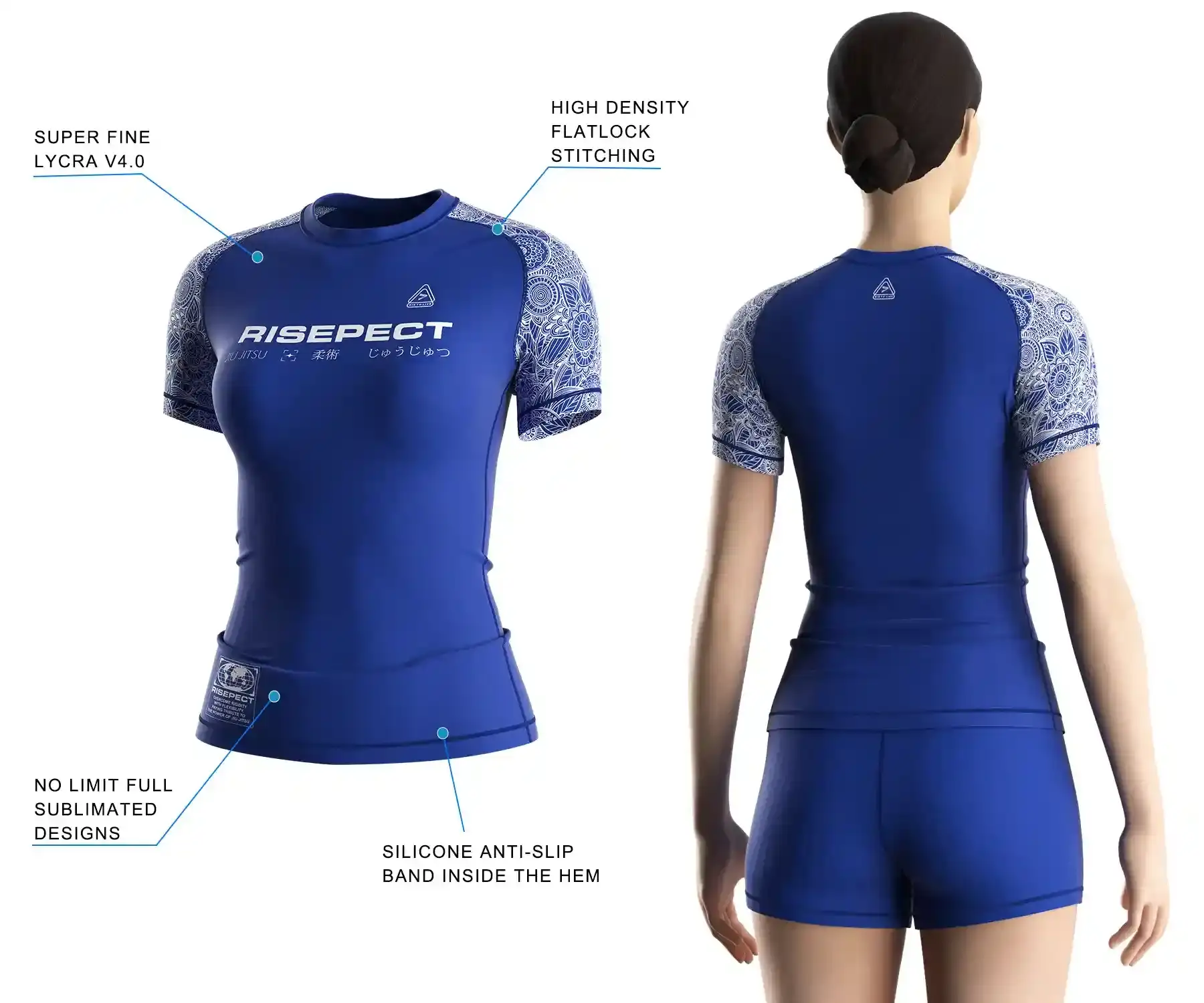 Women's BJJ rash guard worn by female model back view with 3D front design highlighting lycra rash guard fabric, flatlock stitching, and anti-slip silicone hem