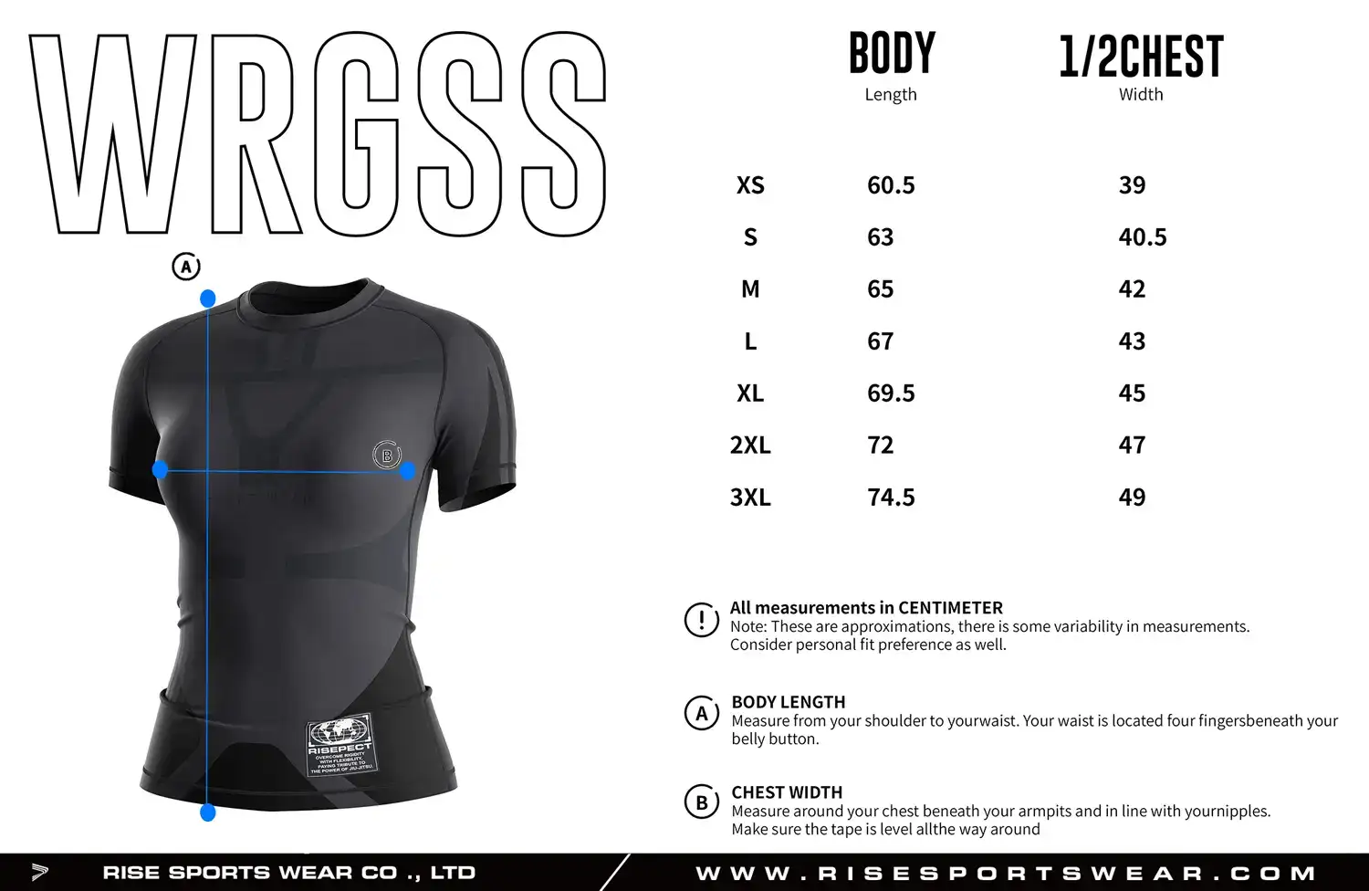Women's BJJ rash guard size chart for adults with custom BJJ rash guard sizing options for private label brands