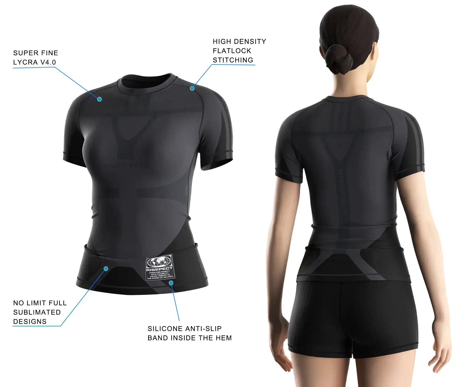 Women's BJJ rash guard worn by female model back view with 3D front design highlighting lycra rash guard fabric, flatlock stitching, and anti-slip silicone hem