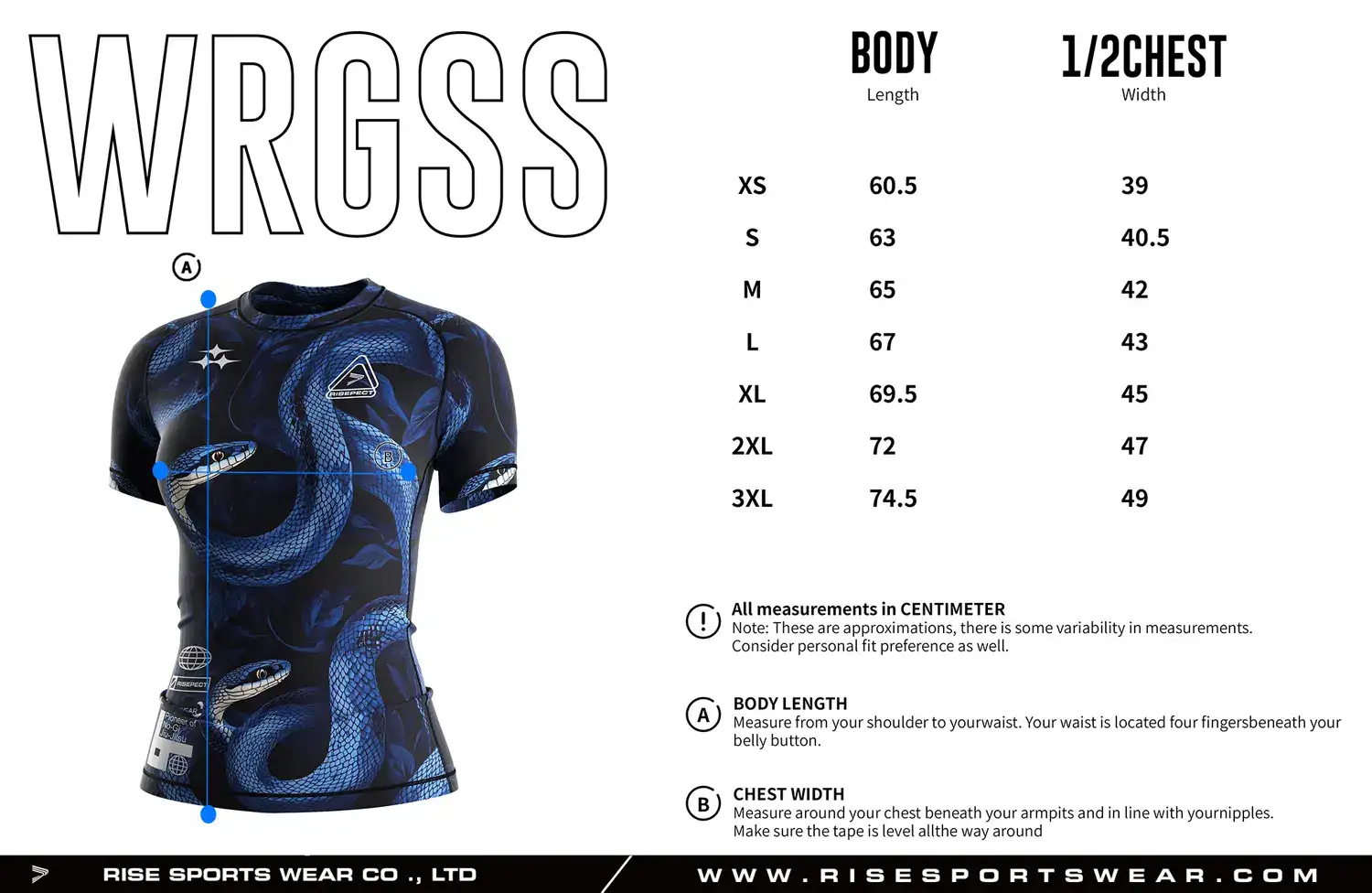 Women's BJJ rash guard size chart for adults with custom BJJ rash guard sizing options for private label brands