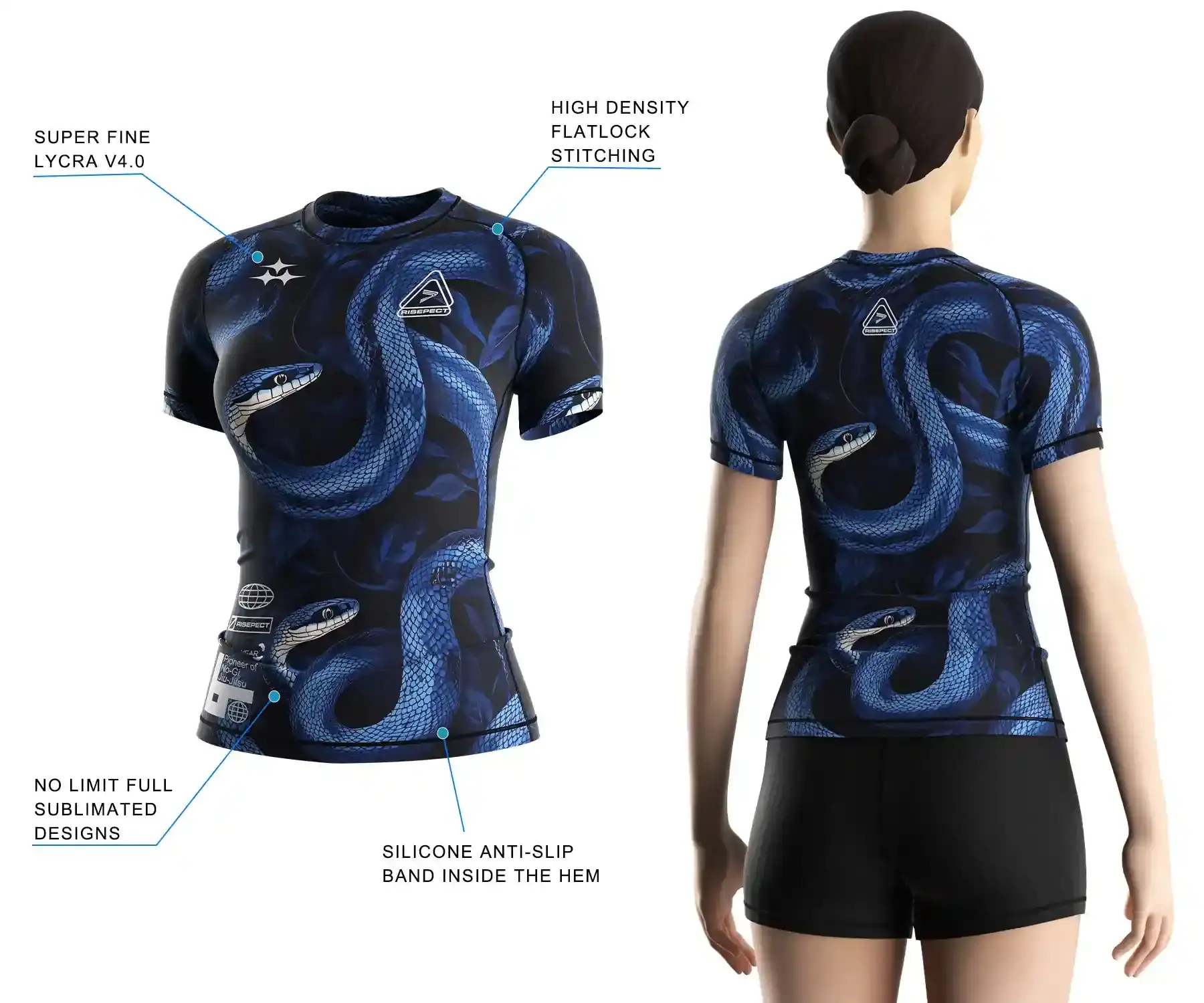 Women's BJJ rash guard worn by female model back view with 3D front design highlighting lycra rash guard fabric, flatlock stitching, and anti-slip silicone hem