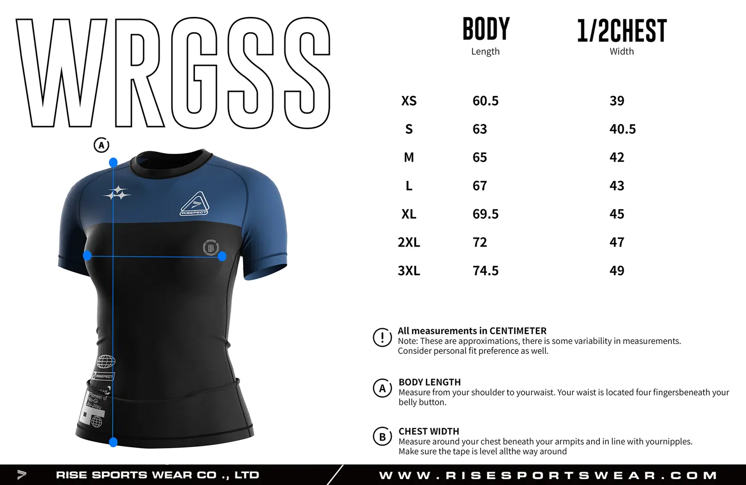 Women's BJJ rash guard size chart for adults with custom BJJ rash guard sizing options for private label brands