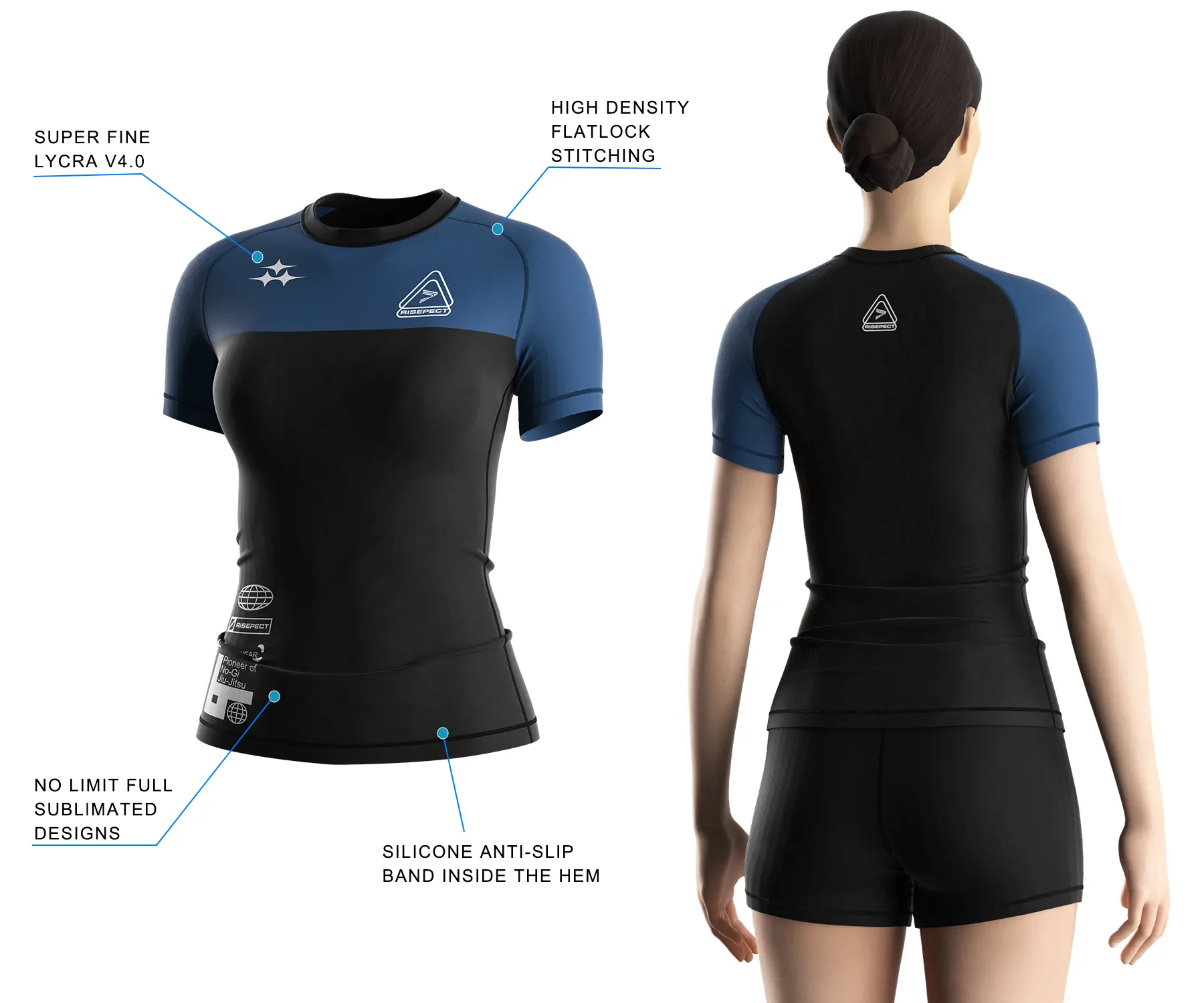 Women's BJJ rash guard worn by female model back view with 3D front design highlighting lycra rash guard fabric, flatlock stitching, and anti-slip silicone hem