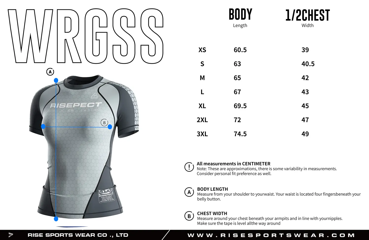 Women's BJJ rash guard size chart for adults with custom BJJ rash guard sizing options for private label brands