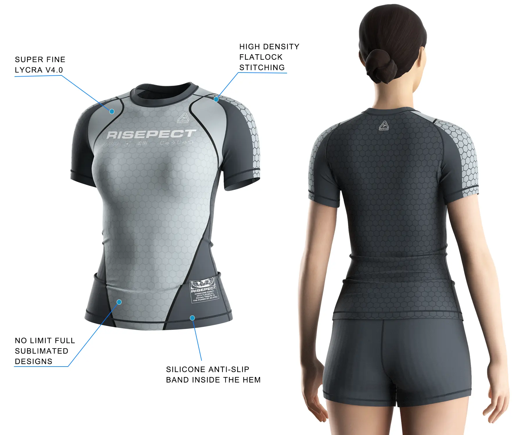 Women's BJJ rash guard worn by female model back view with 3D front design highlighting lycra rash guard fabric, flatlock stitching, and anti-slip silicone hem
