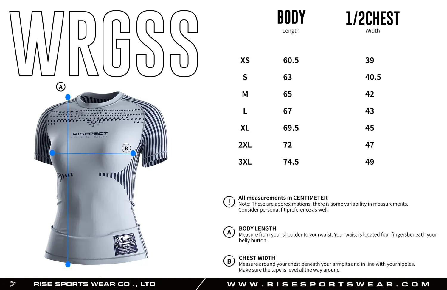 Women's BJJ rash guard size chart for adults with custom BJJ rash guard sizing options for private label brands