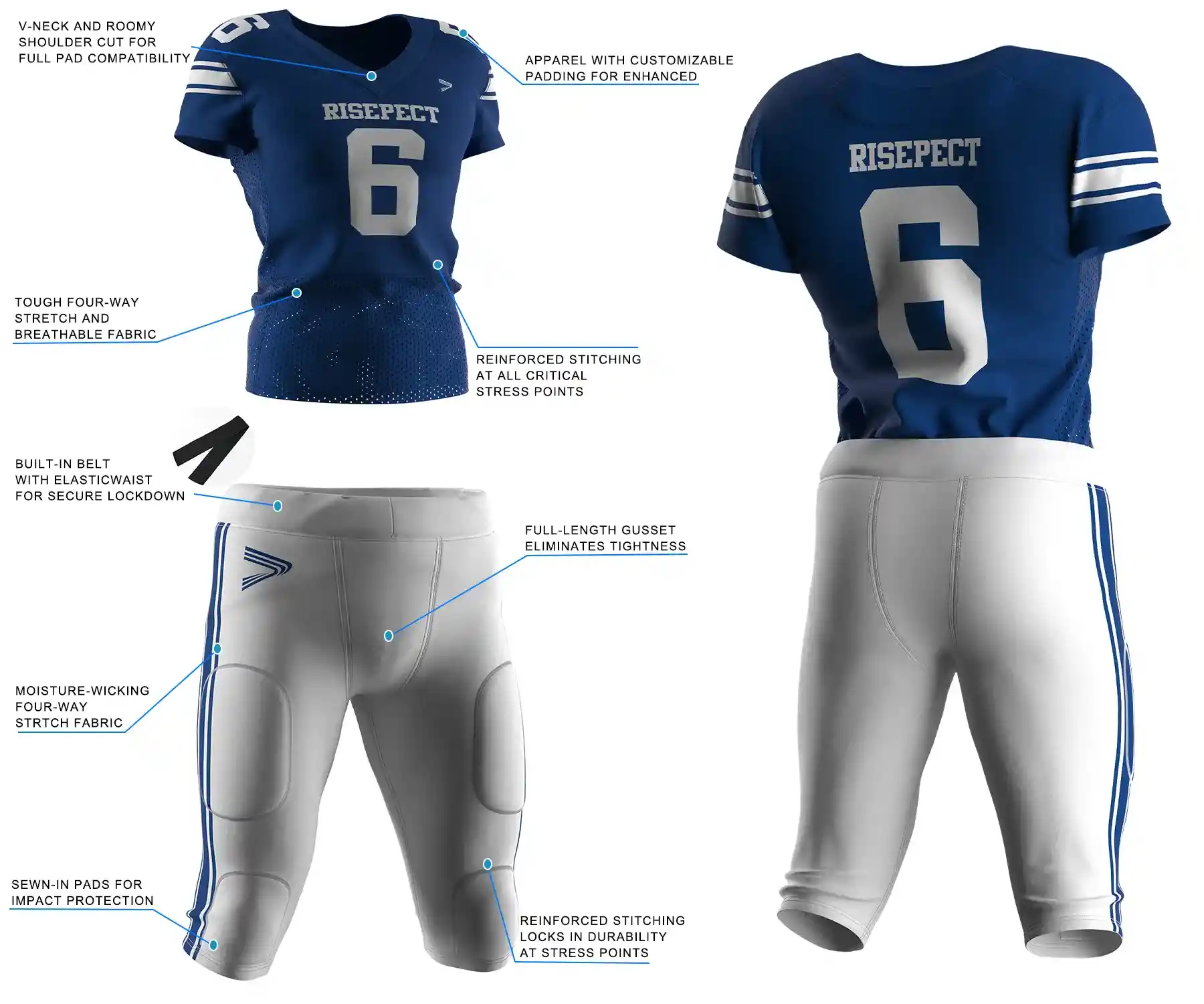 Pro player American football jersey and pants feature highlights, showing separate performance details of top and pants