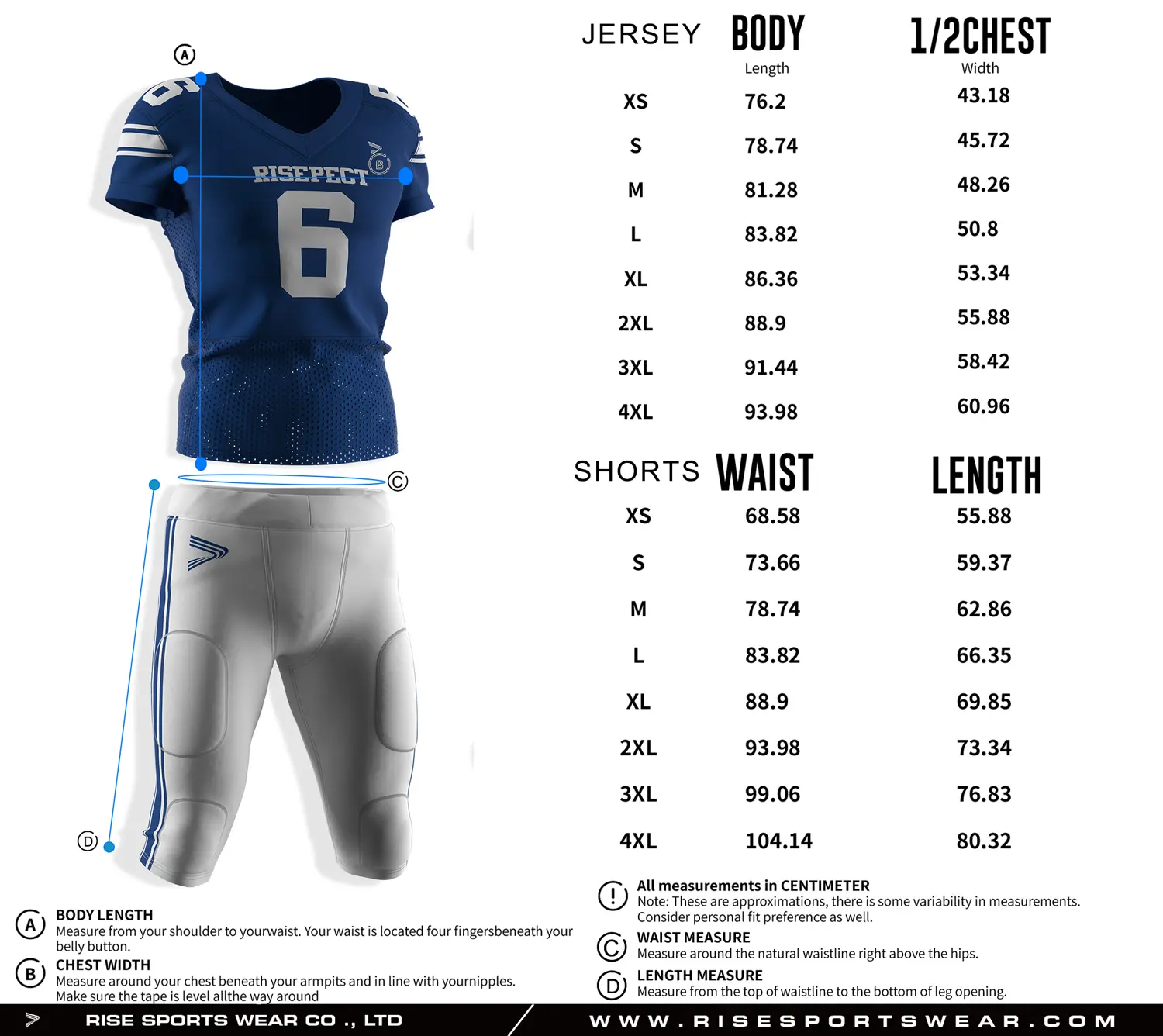 Pro player American football jersey and pants size chart with separate measurements for top and pants