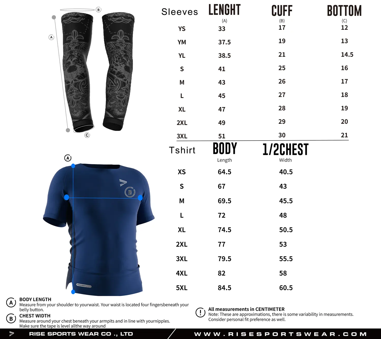 Pro player American football compression shirt and arm sleeves size chart with detailed measurements