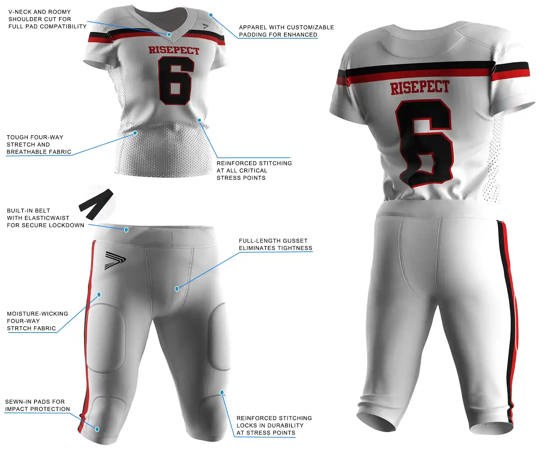Pro player American football jersey and pants feature highlights, showing separate performance details of top and pants