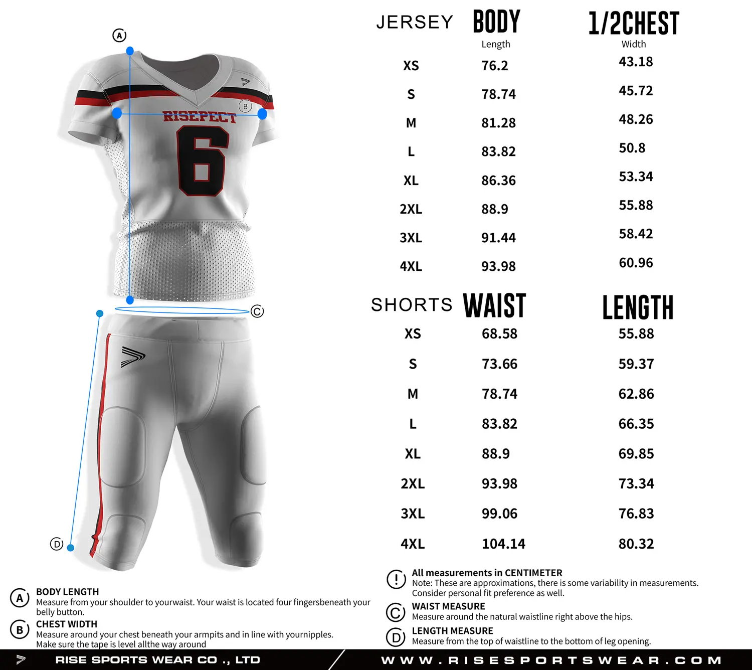 Pro player American football jersey and pants size chart with separate measurements for top and pants