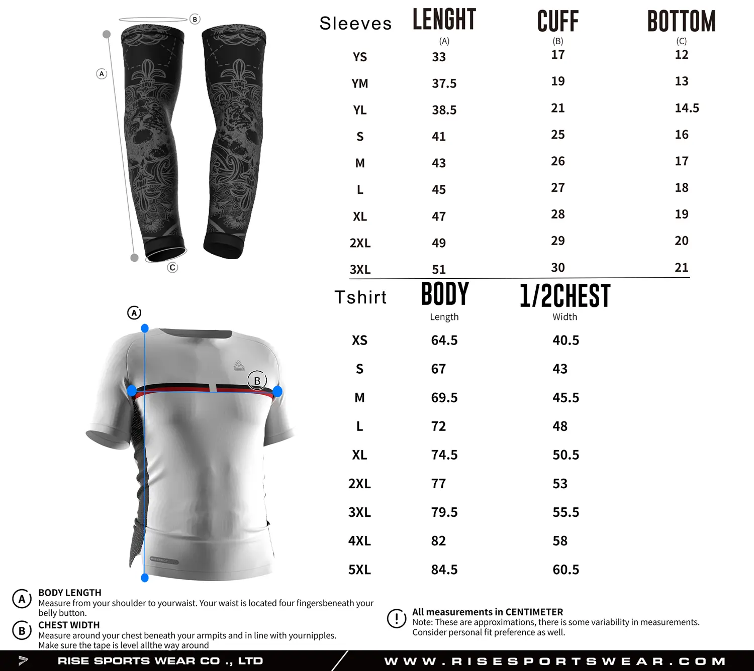 Pro player American football compression shirt and arm sleeves size chart with detailed measurements
