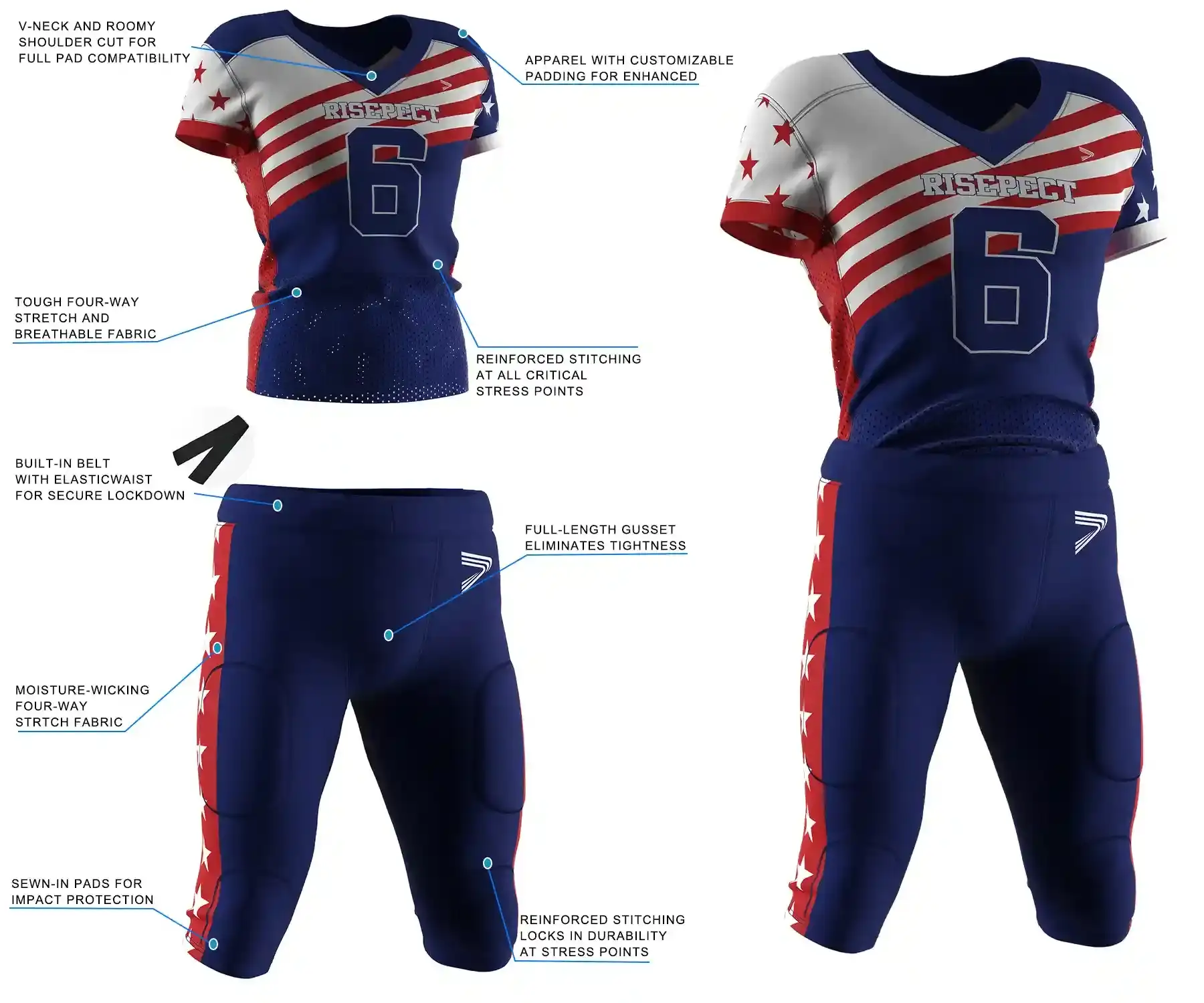 Pro player American football jersey and pants feature highlights, showing separate performance details of top and pants
