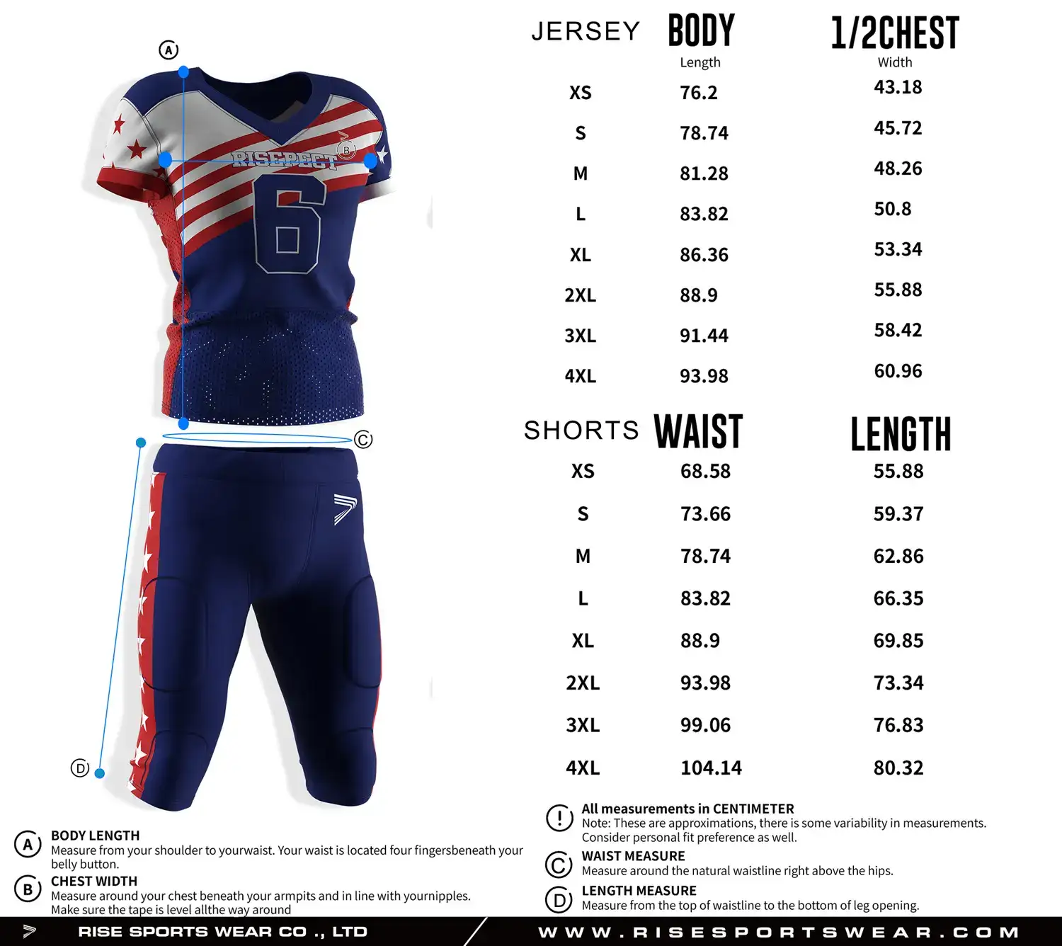 Pro player American football jersey and pants size chart with separate measurements for top and pants