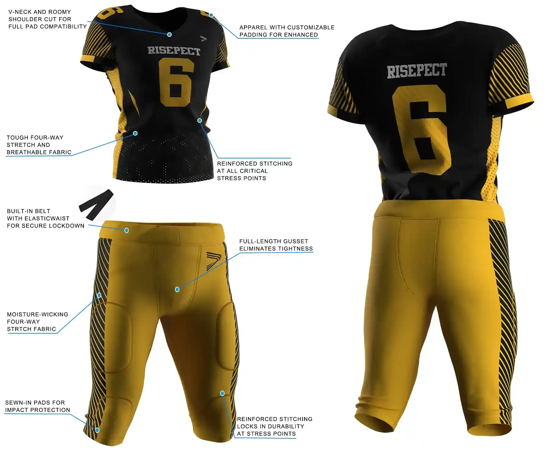 Pro player American football jersey and pants feature highlights, showing separate performance details of top and pants