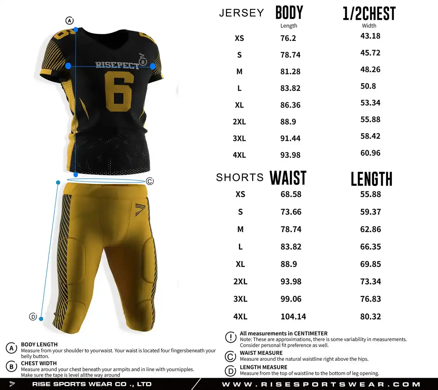 Pro player American football jersey and pants size chart with separate measurements for top and pants