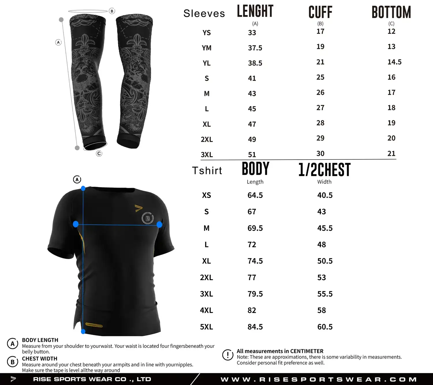 Pro player American football compression shirt and arm sleeves size chart with detailed measurements