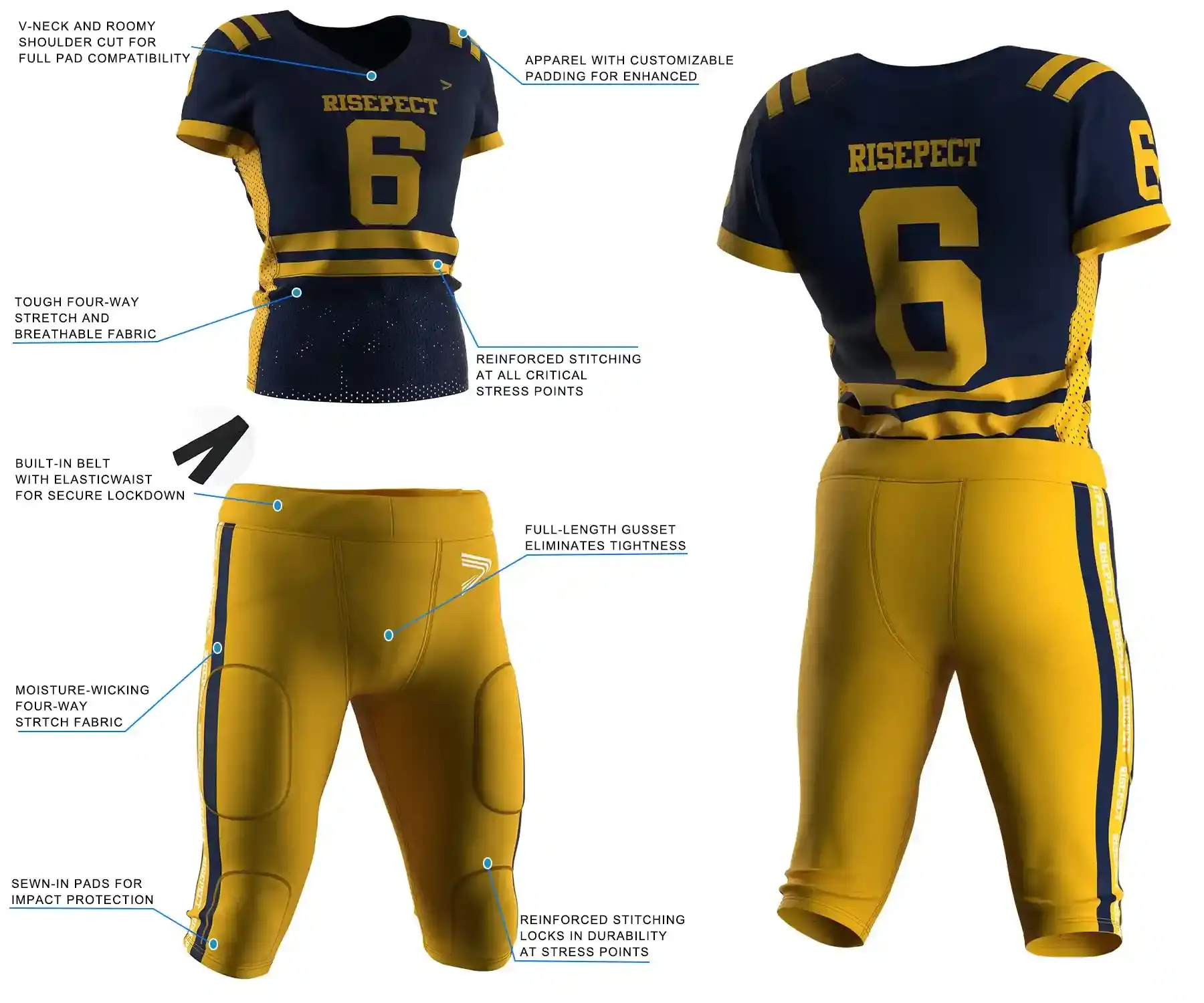 Pro player American football jersey and pants feature highlights, showing separate performance details of top and pants