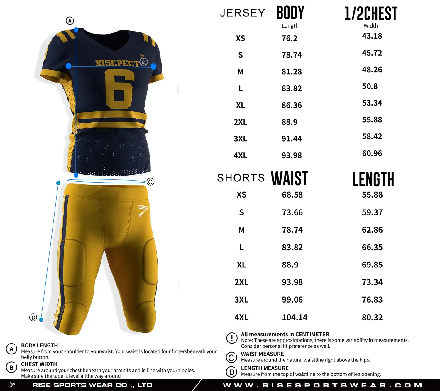 Pro player American football jersey and pants size chart with separate measurements for top and pants