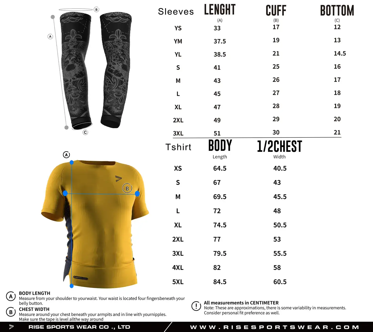 Pro player American football compression shirt and arm sleeves size chart with detailed measurements