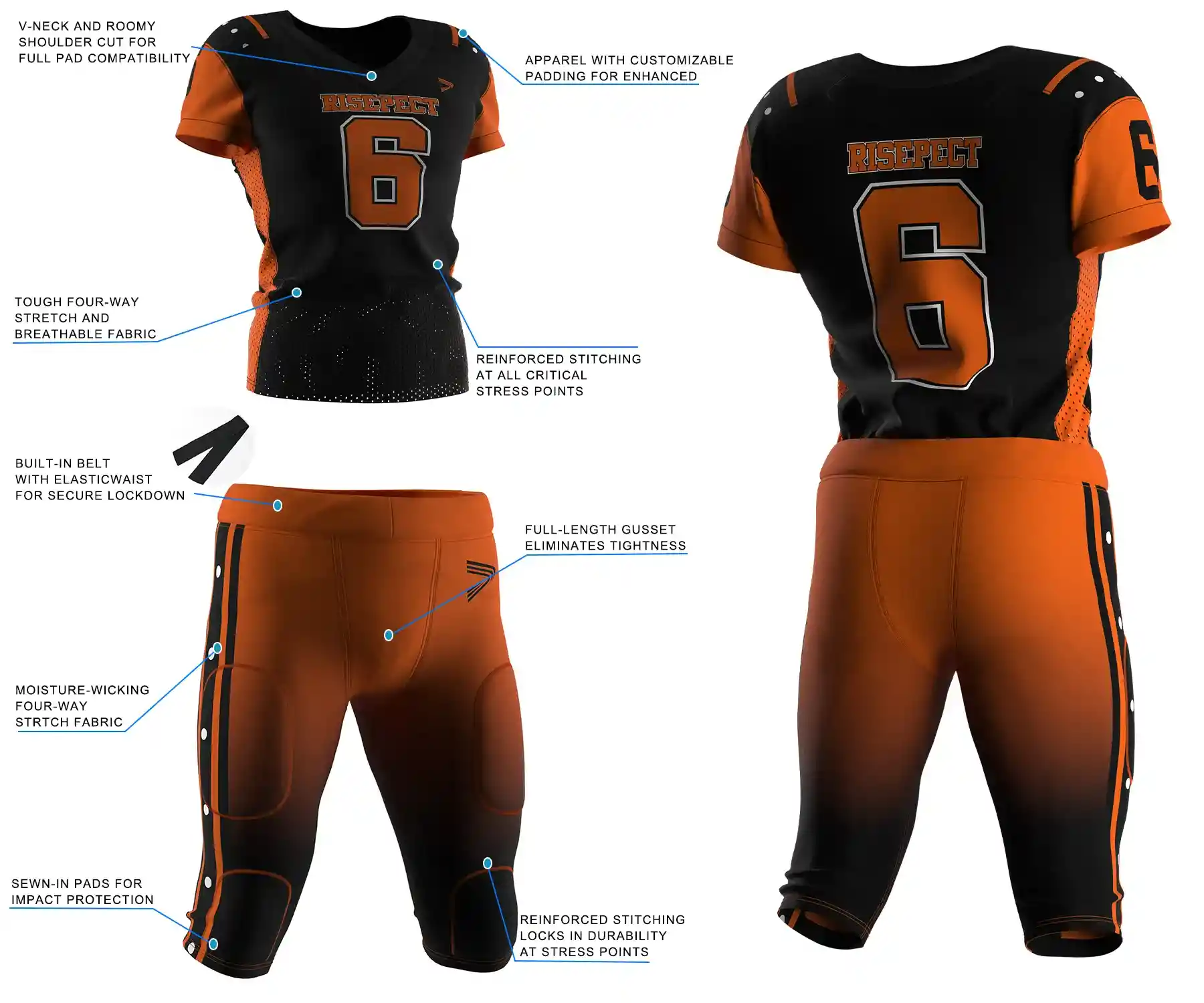Pro player American football jersey and pants feature highlights, showing separate performance details of top and pants