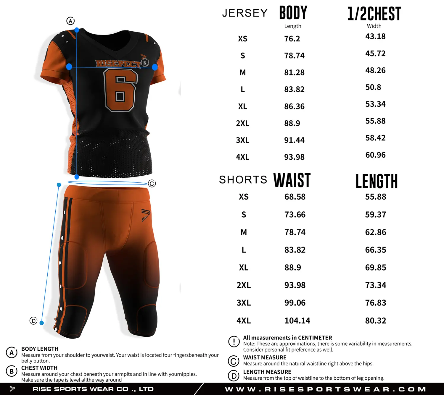 Pro player American football jersey and pants size chart with separate measurements for top and pants