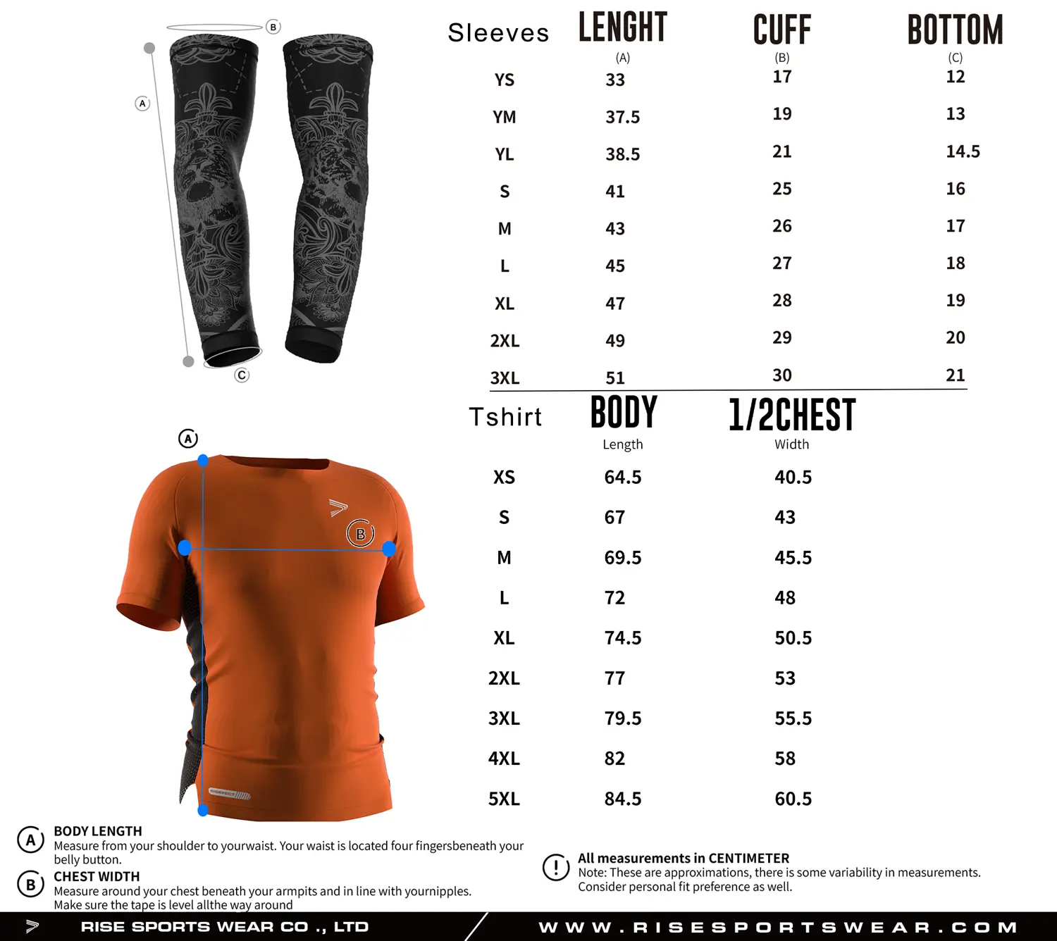 Pro player American football compression shirt and arm sleeves size chart with detailed measurements