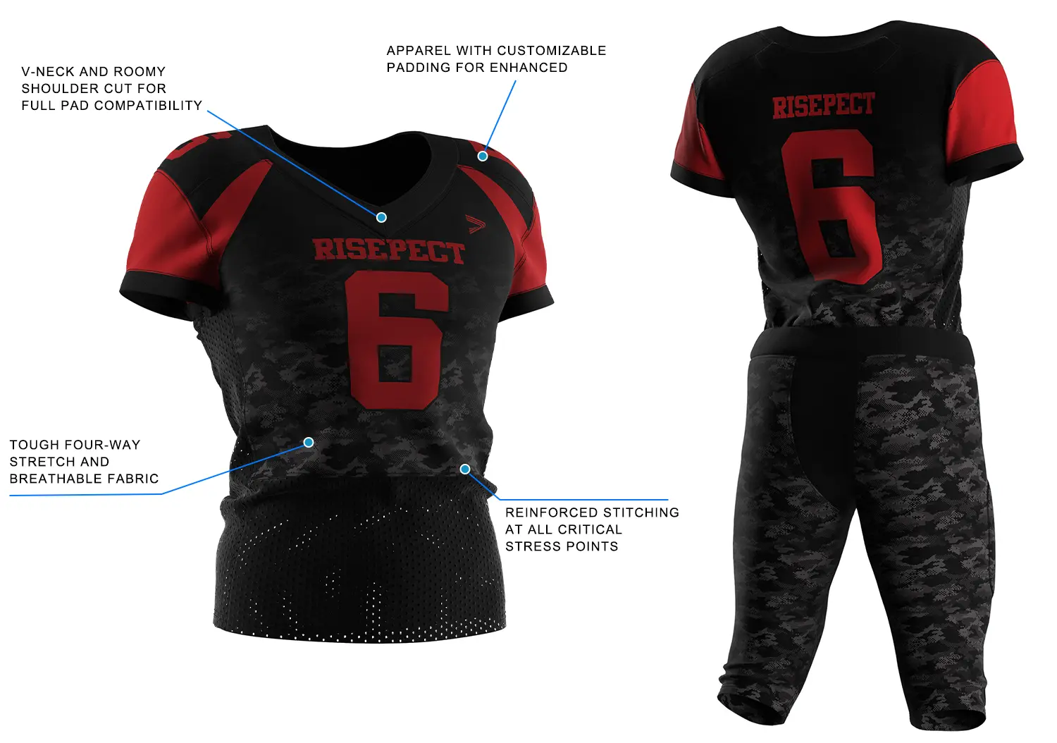 Black Camo Pro Football Jersey With Red, showing front design with key performance features on the left and back layout for custom names and numbers on the right.