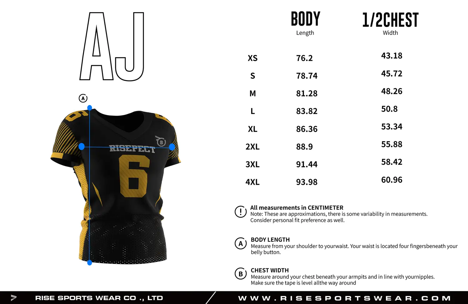 Adult size Black Gold Pro Football Jersey Stripe Design with custom sizing options available, including youth sizes and private brand size standards for team and wholesale orders.