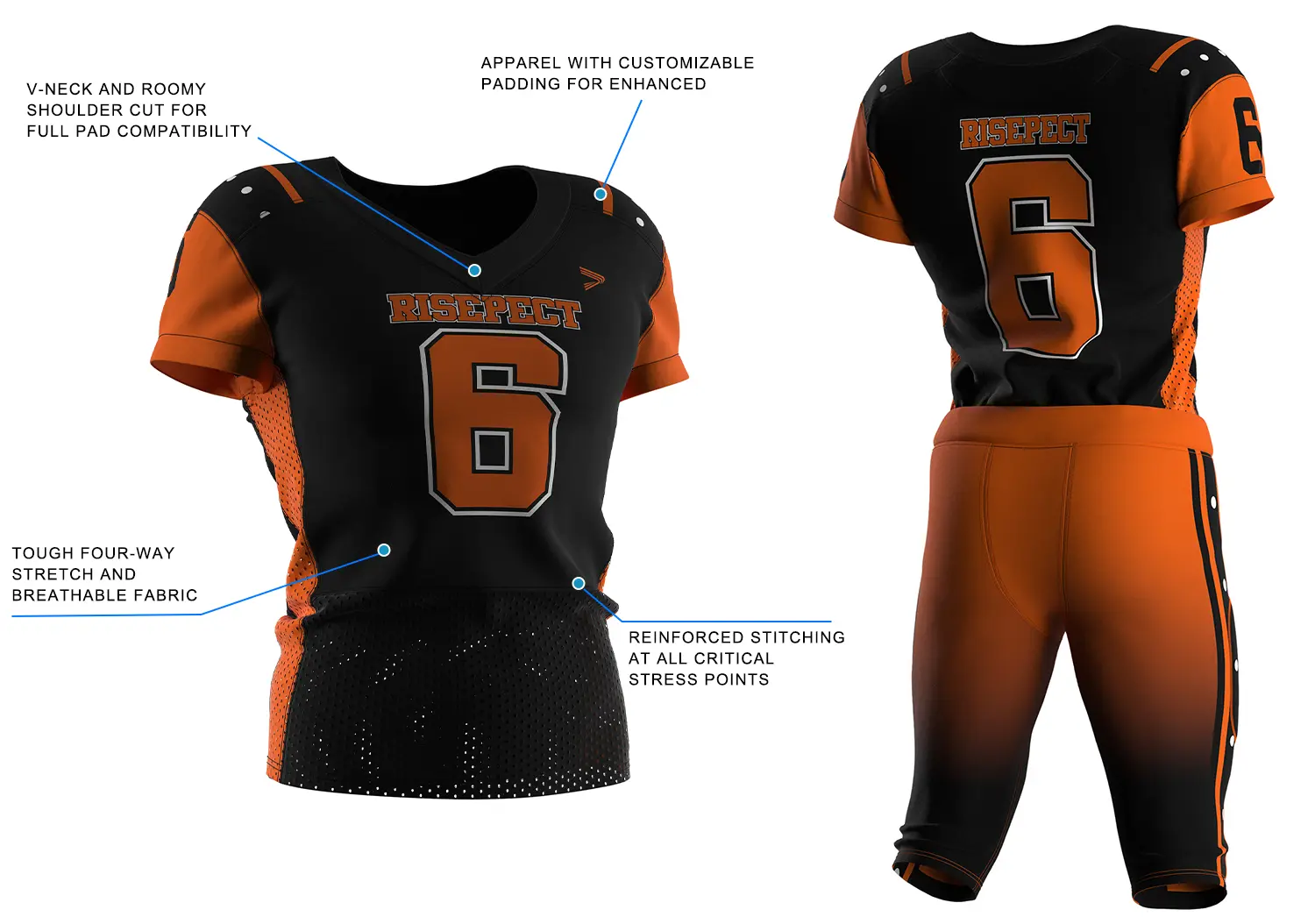 Black Orange Pro American Football Jersey, showing front design with key performance features on the left and back layout for custom names and numbers on the right.