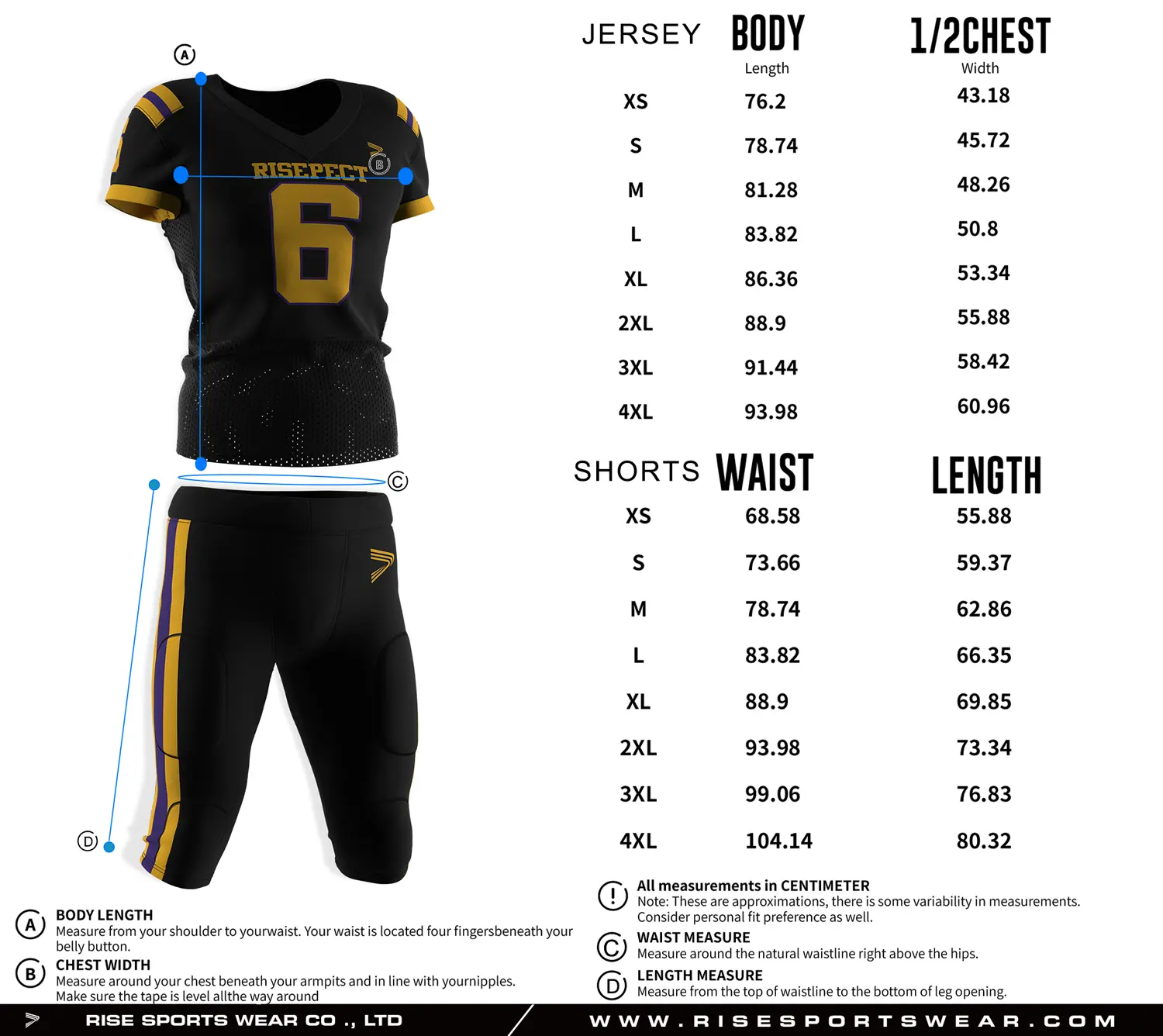 Pro player American football jersey and pants size chart with separate measurements for top and pants