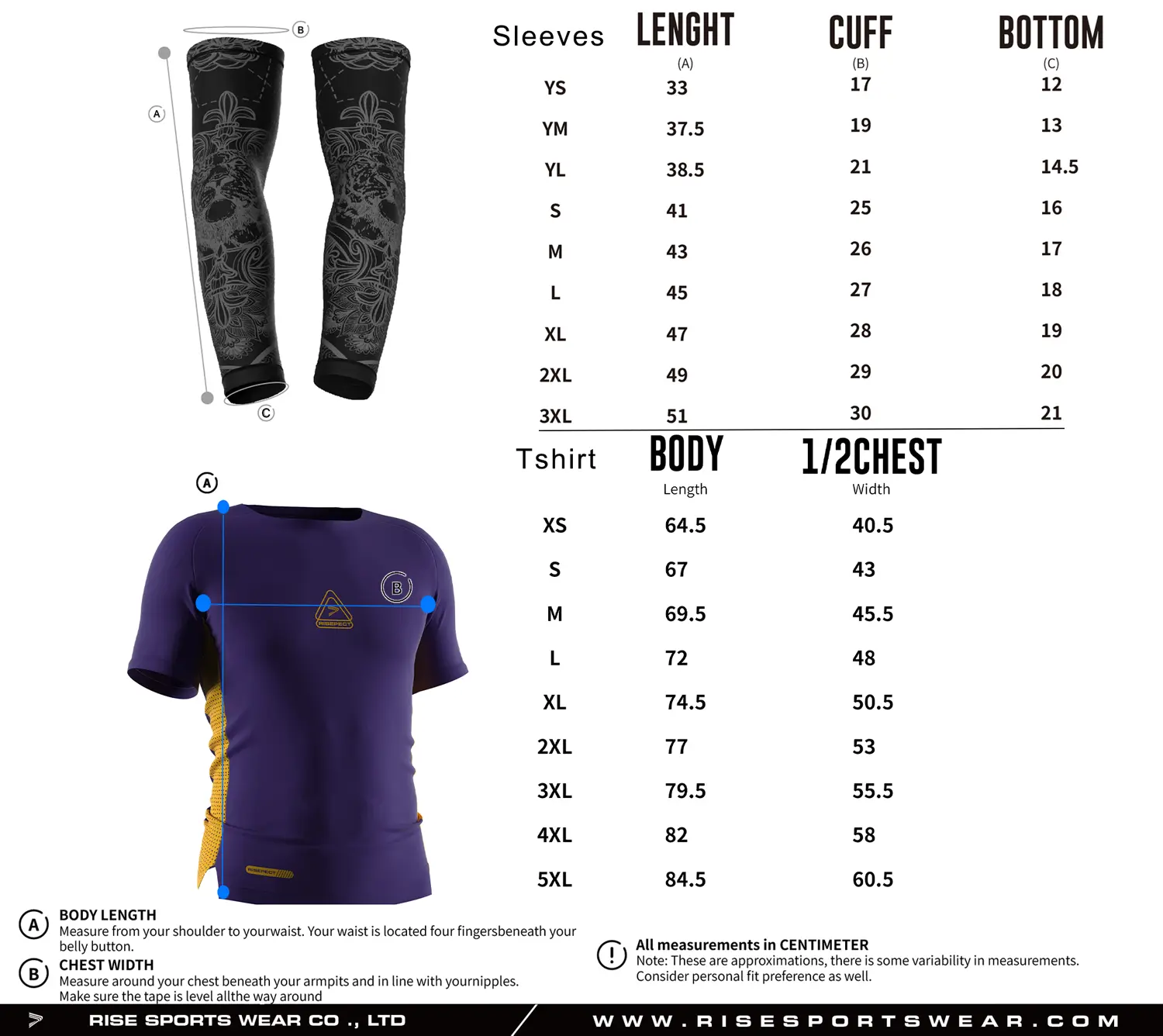 Pro player American football compression shirt and arm sleeves size chart with detailed measurements