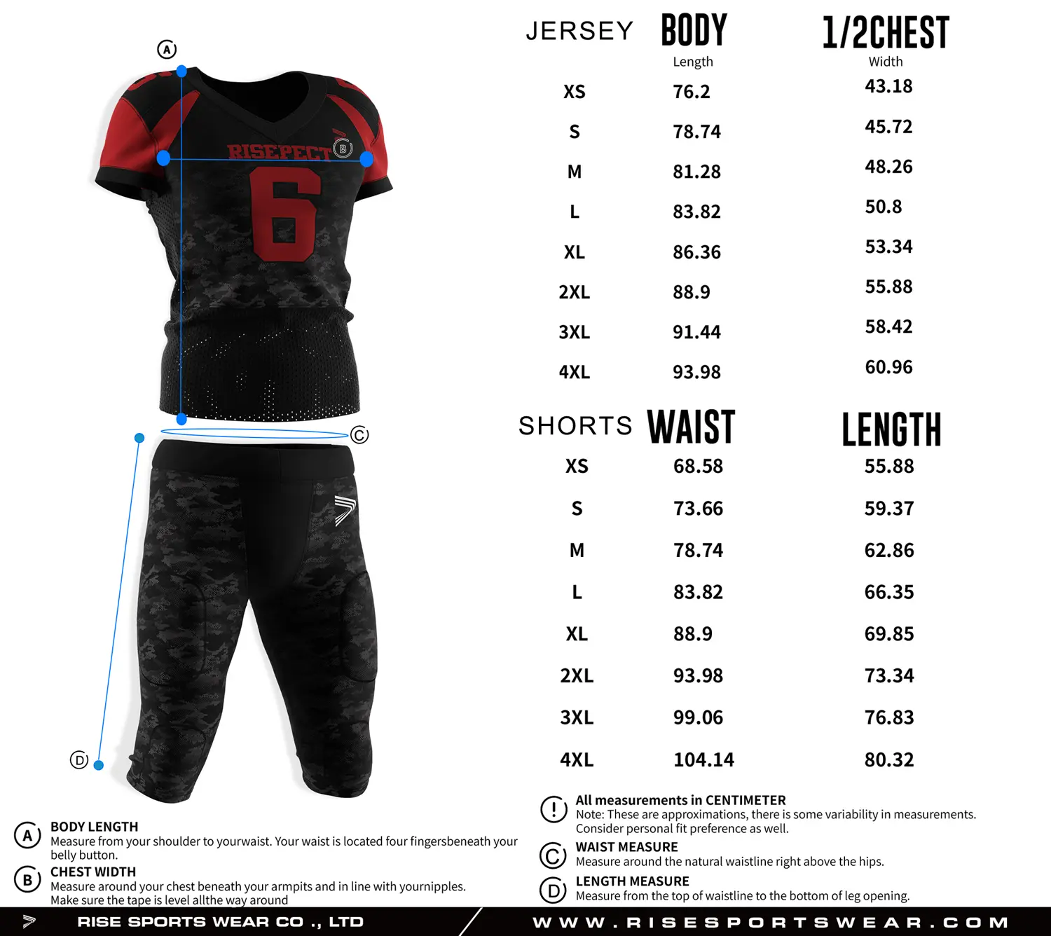 Pro player American football jersey and pants size chart with separate measurements for top and pants