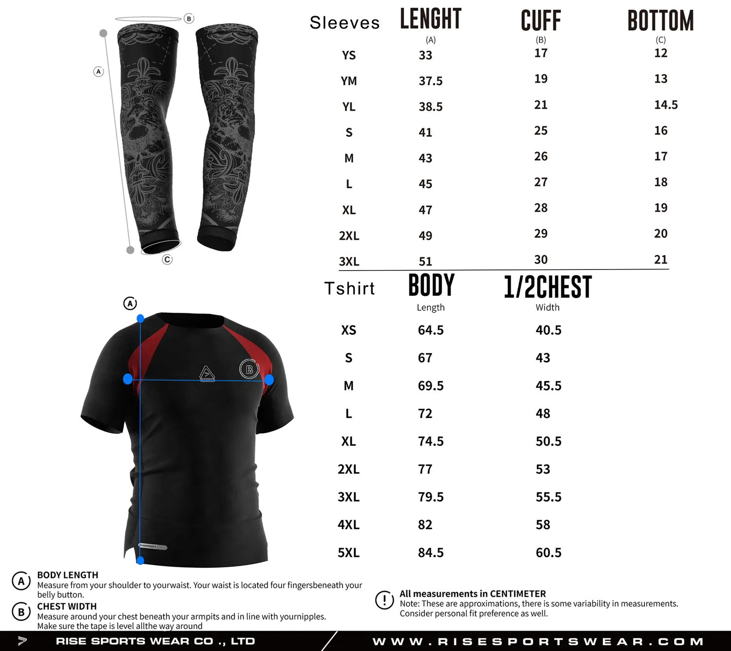 Pro player American football compression shirt and arm sleeves size chart with detailed measurements