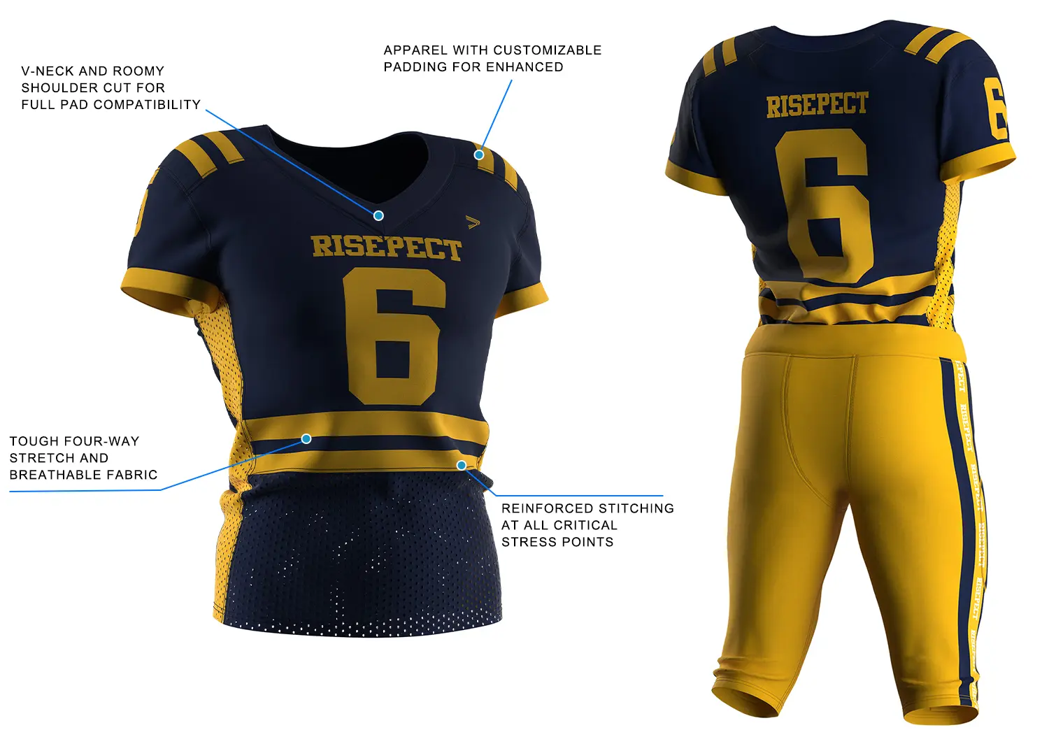Navy Gold Pro Football Jersey Dual Stripe, showing front design with key performance features on the left and back layout for custom names and numbers on the right.