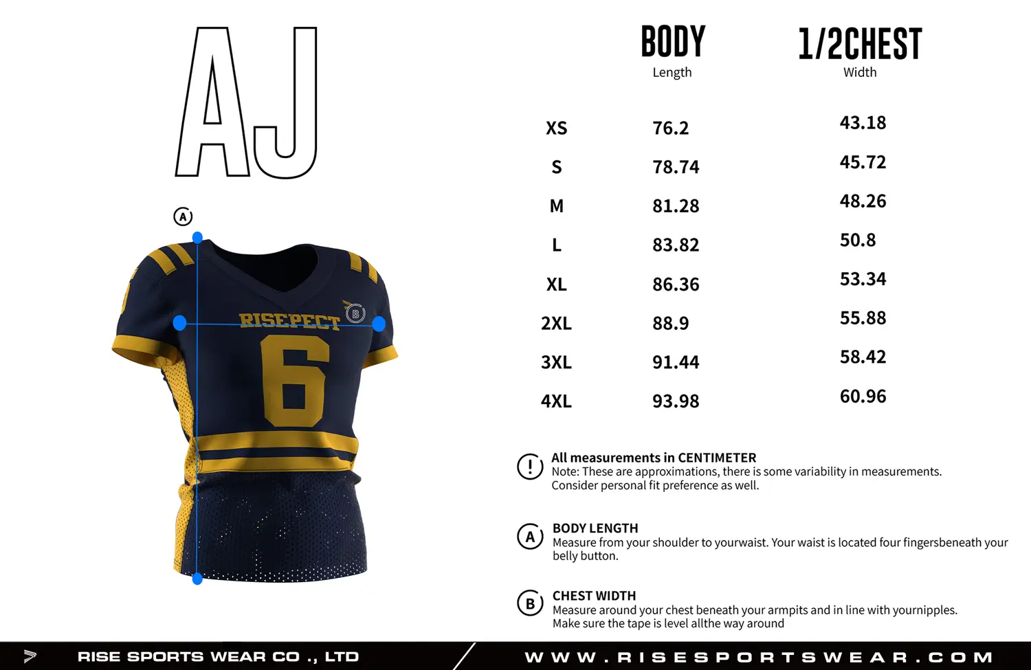 Adult size Navy Gold Pro Football Jersey Dual Stripe with custom sizing options available, including youth sizes and private brand size standards for team and wholesale orders.