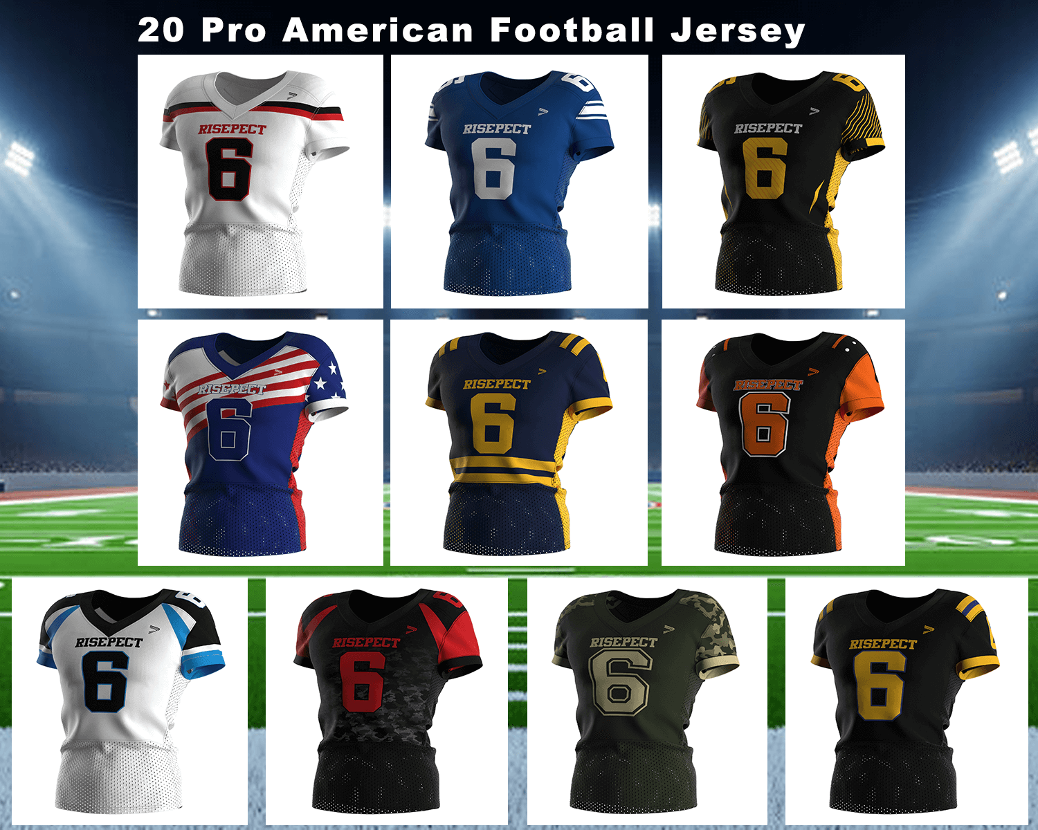 Ten color variations of sublimated pro American football jerseys showcasing custom patterns, team designs, and durable game-ready construction for wholesale and OEM supply.