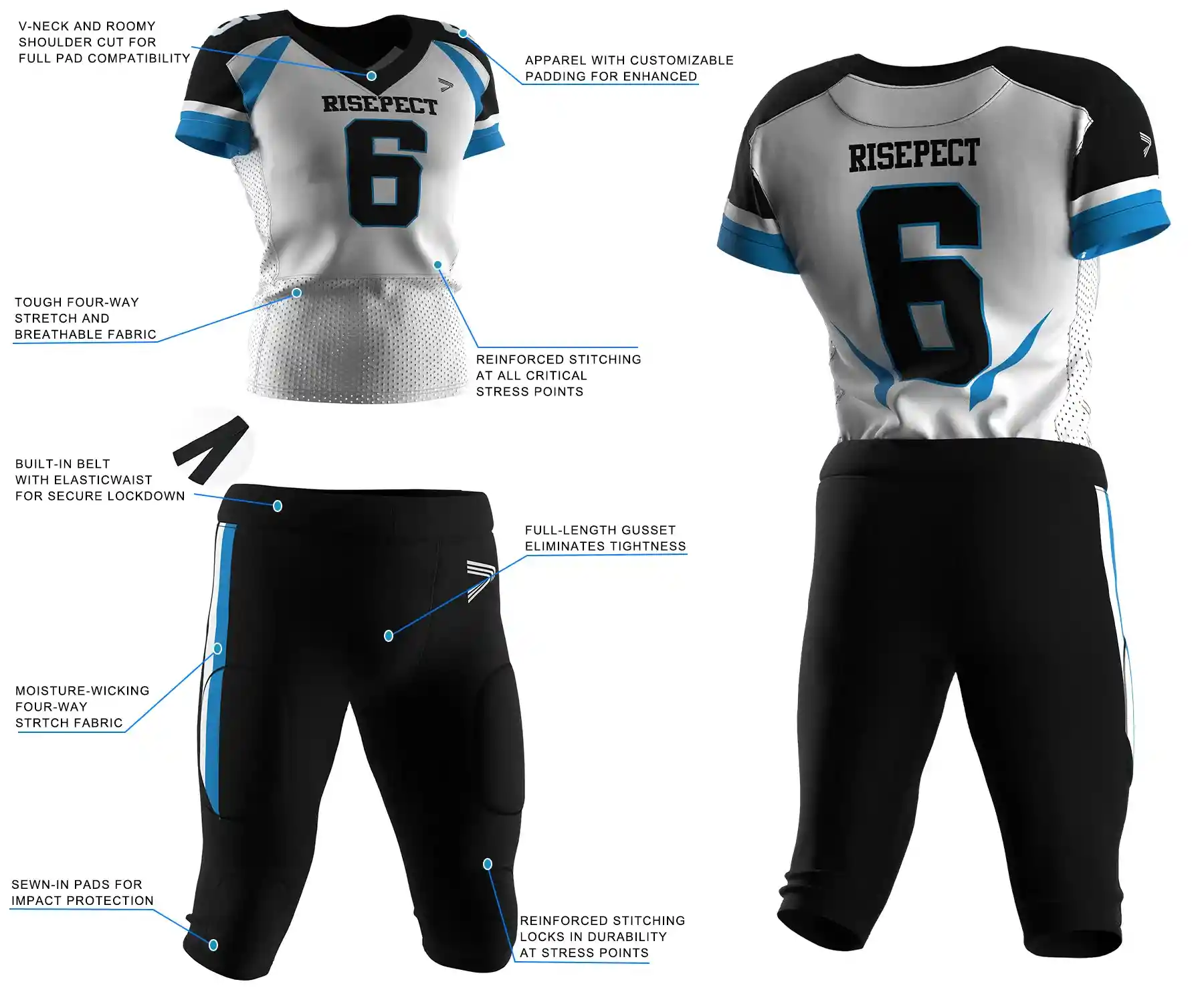 Pro player American football jersey and pants feature highlights, showing separate performance details of top and pants