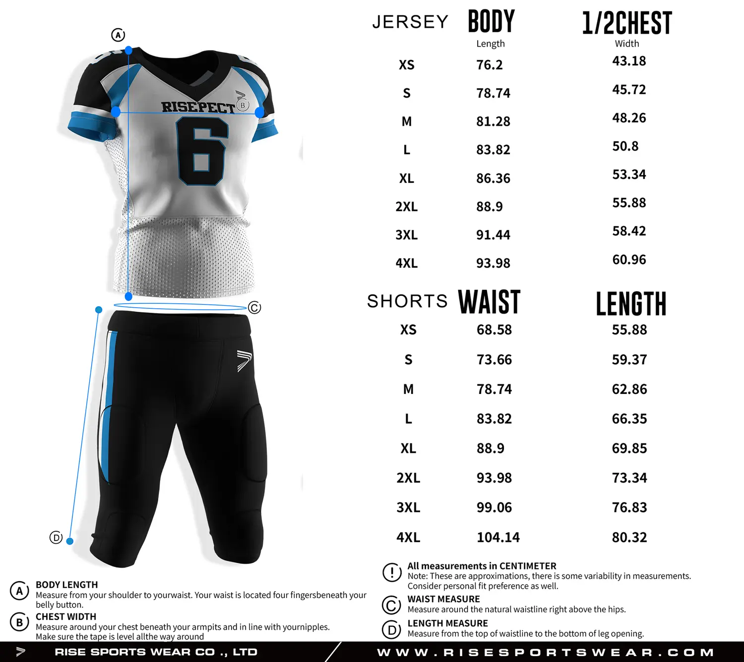 Pro player American football jersey and pants size chart with separate measurements for top and pants