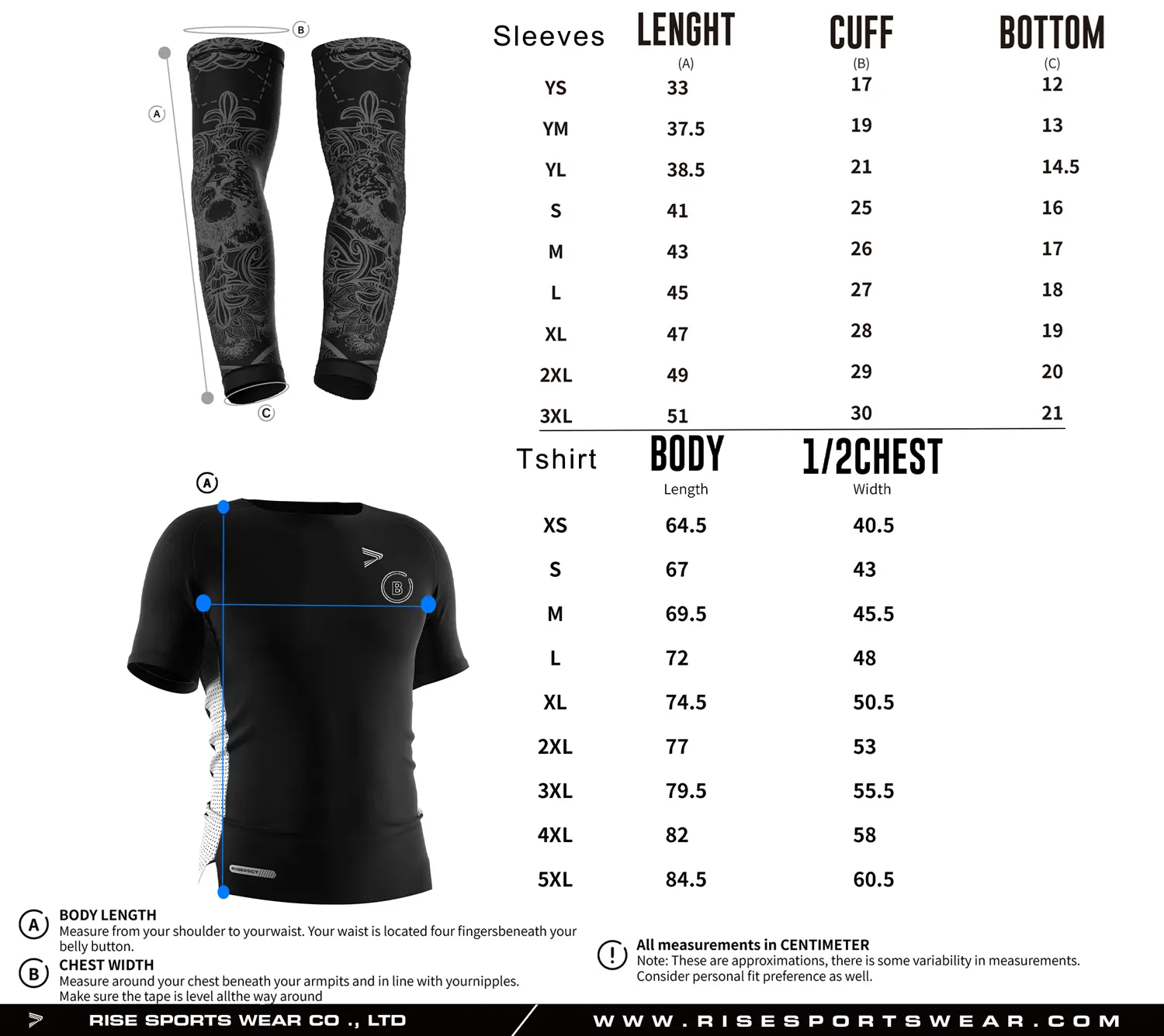 Pro player American football compression shirt and arm sleeves size chart with detailed measurements