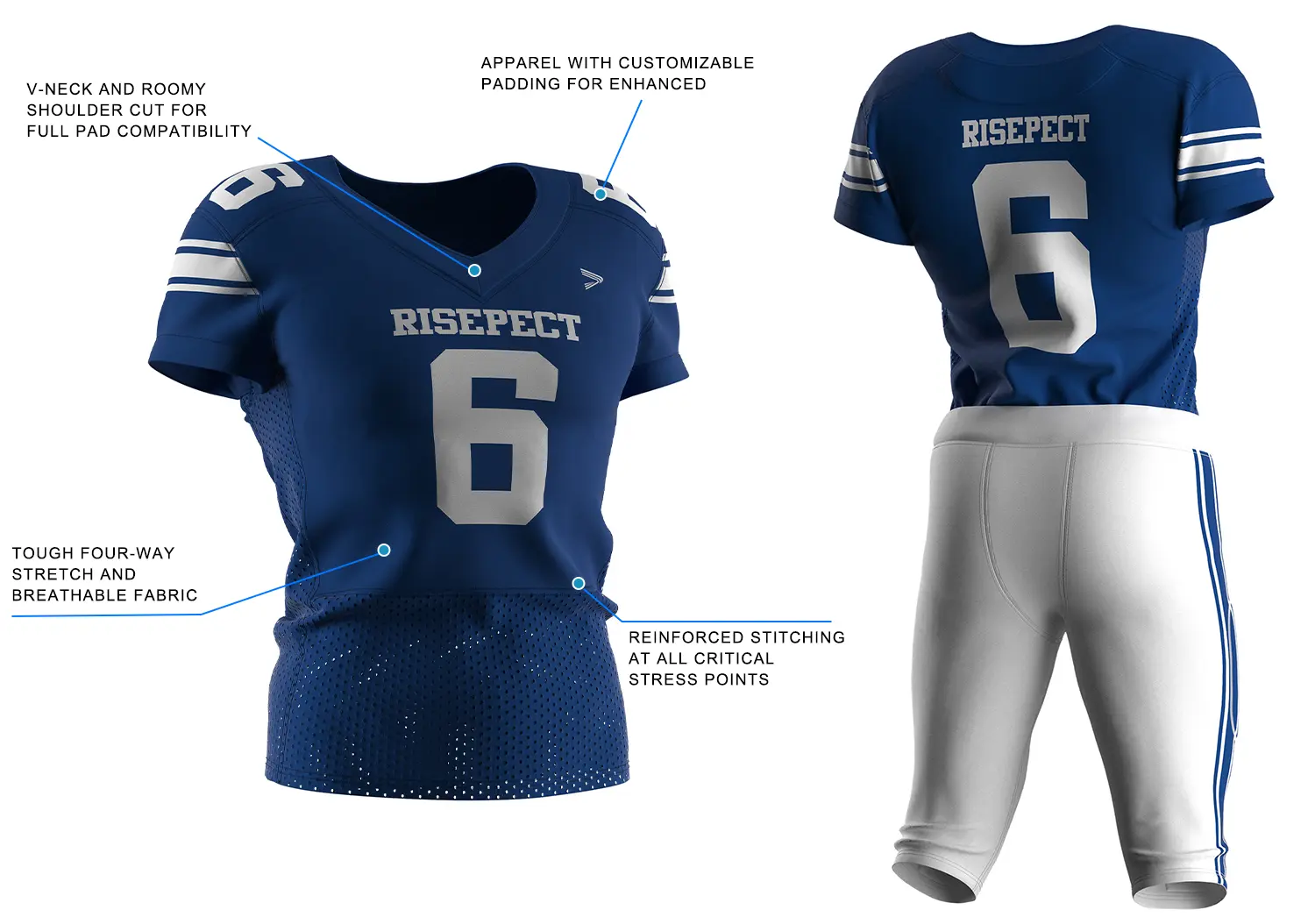 Royal Blue Football Jersey with White Stripes, showing front design with key performance features on the left and back layout for custom names and numbers on the right.