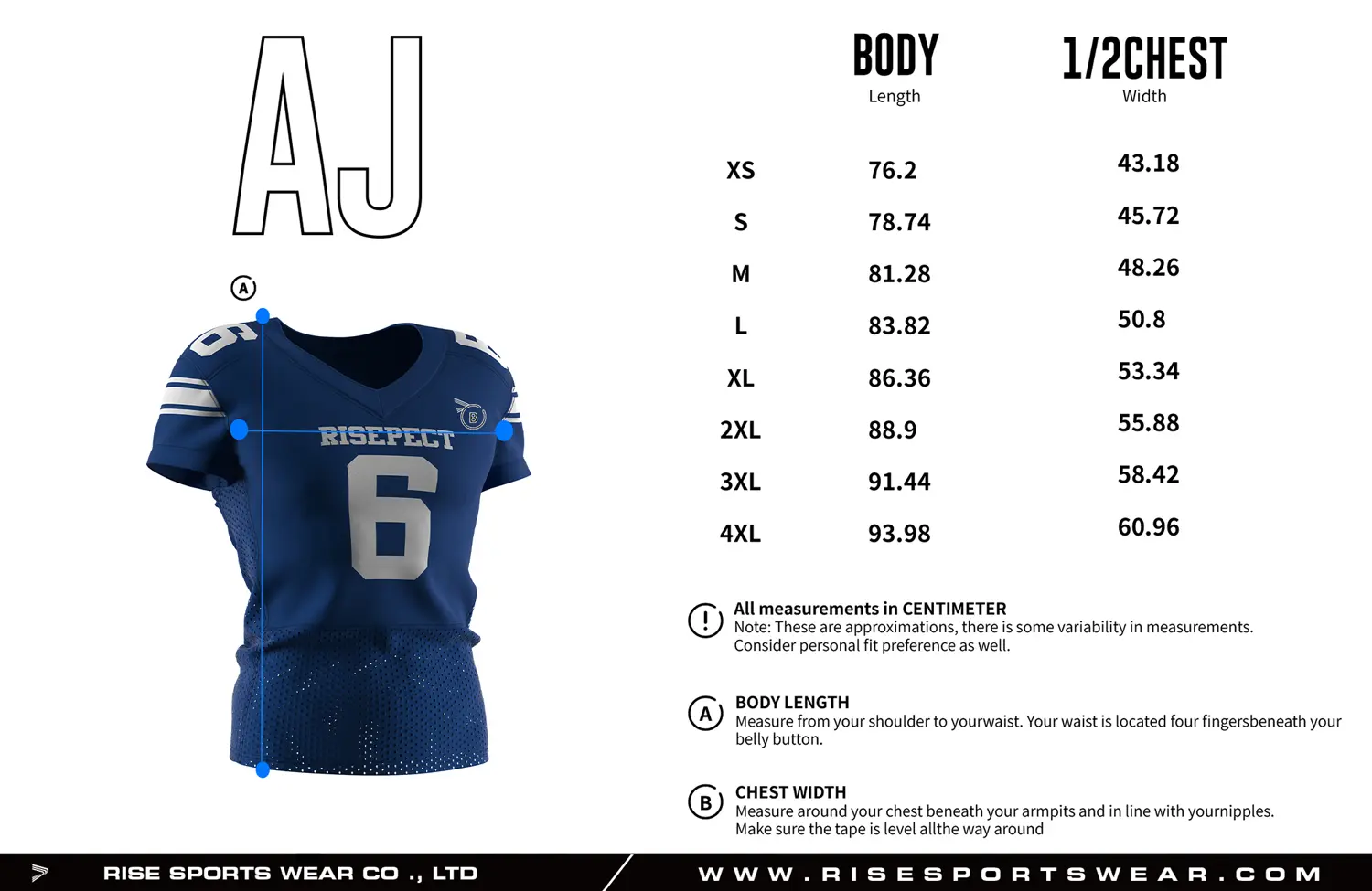 Adult size Royal Blue Football Jersey with White Stripes with custom sizing options available, including youth sizes and private brand size standards for team and wholesale orders.