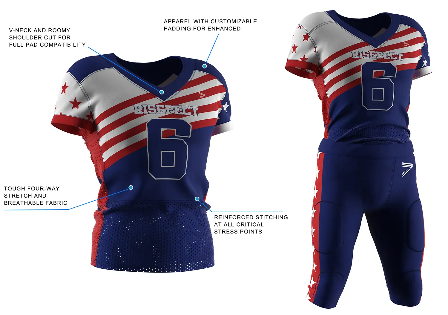 Stars & Stripes Sublimated Football Jersey, showing front design with key performance features on the left and back layout for custom names and numbers on the right.