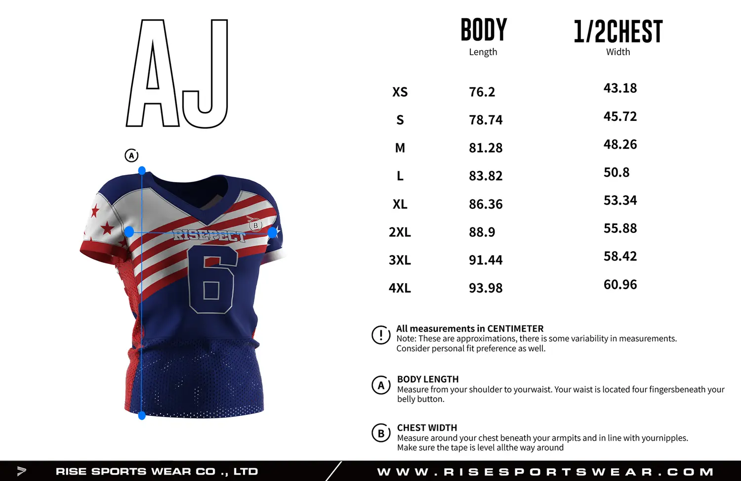Adult size Stars & Stripes Sublimated Football Jersey with custom sizing options available, including youth sizes and private brand size standards for team and wholesale orders.