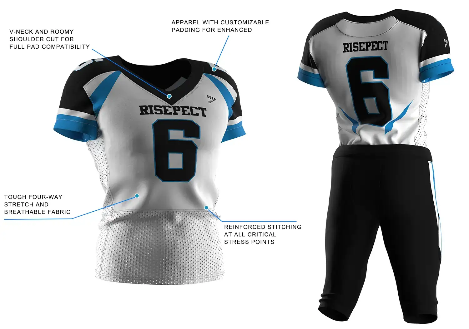 White Blue-black Modern Football Jersey Mesh Panels, showing front design with key performance features on the left and back layout for custom names and numbers on the right.