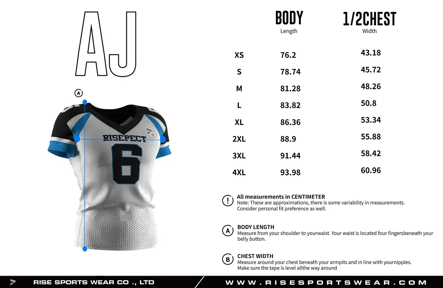 Adult size White Blue-black Modern Football Jersey Mesh Panels with custom sizing options available, including youth sizes and private brand size standards for team and wholesale orders.