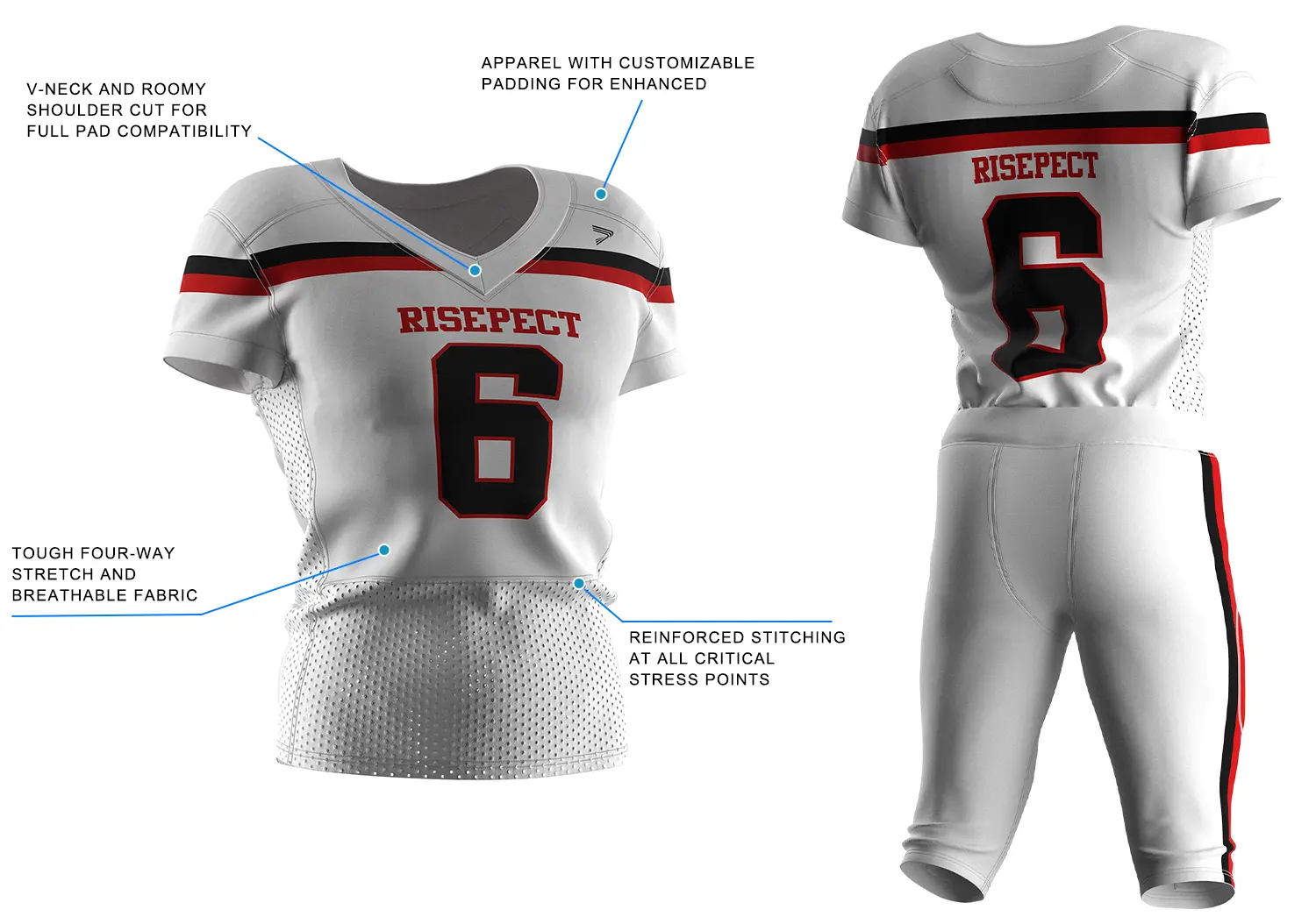 White Red Stripe Pro American Football Jersey, showing front design with key performance features on the left and back layout for custom names and numbers on the right.